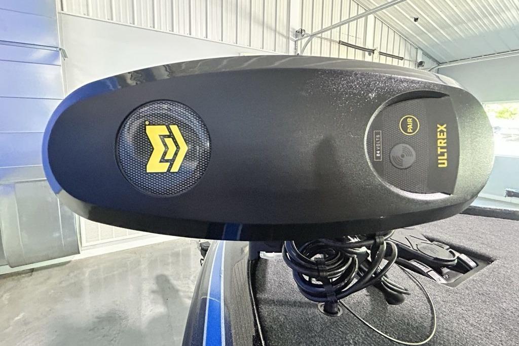Close-up of 2026 Skeeter ZX200 Ultrex trolling motor in a garage setting.