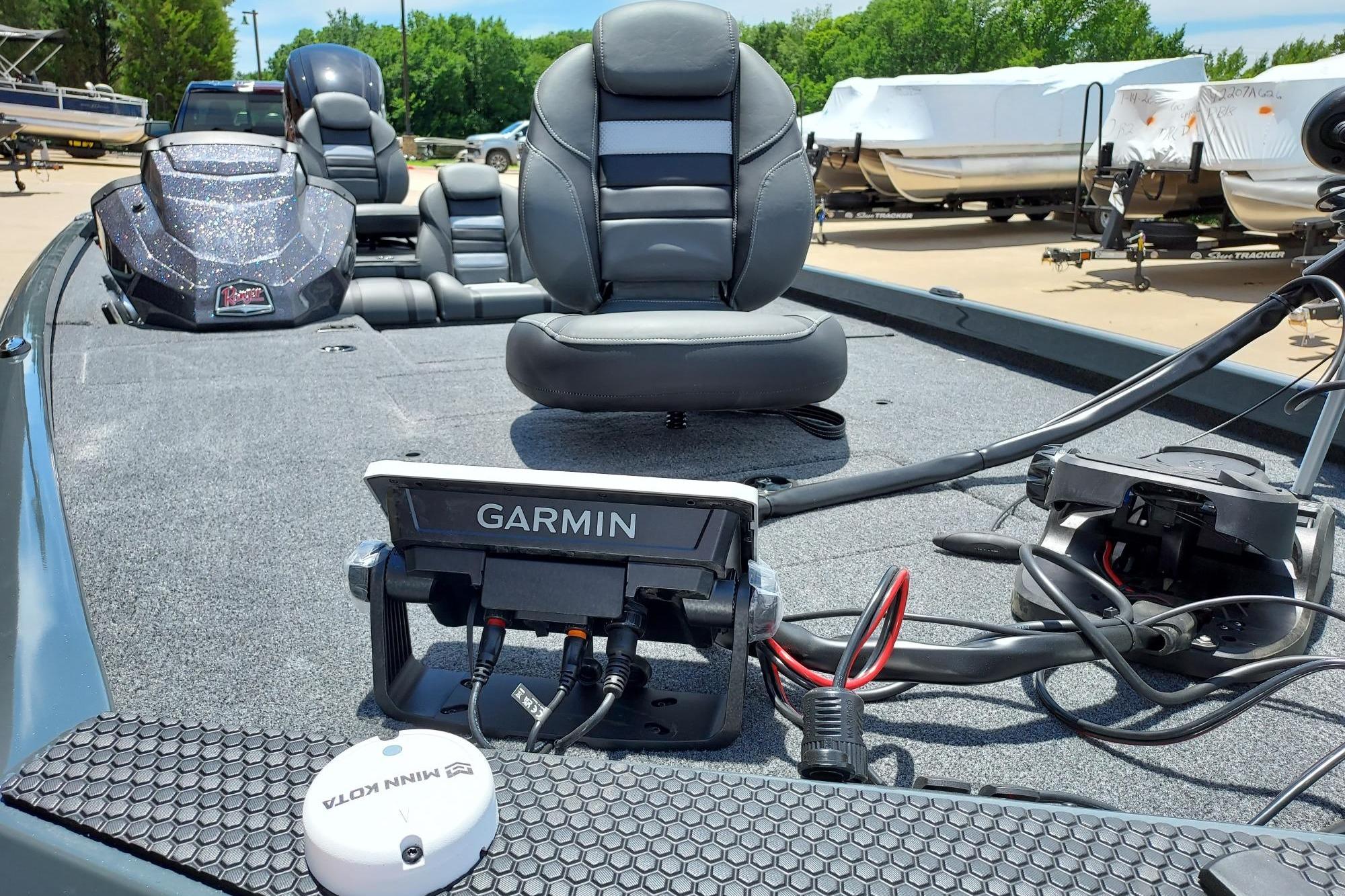 2026 Ranger RT188C boat deck with Garmin and Minn Kota equipment, featuring comfortable seating.