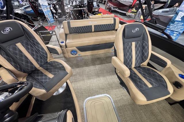 Luxurious interior of 2026 Barletta Lusso 25UC pontoon boat with stylish seating.