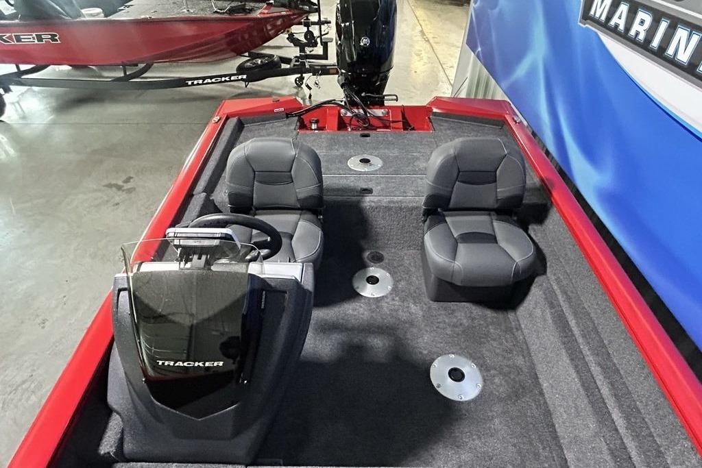 2026 Tracker Pro Team 175 Crappie Edition boat interior with dual seats and steering console.