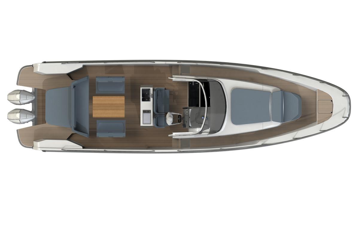 Top view of 2025 Nimbus T11 boat with spacious deck and dual engines.