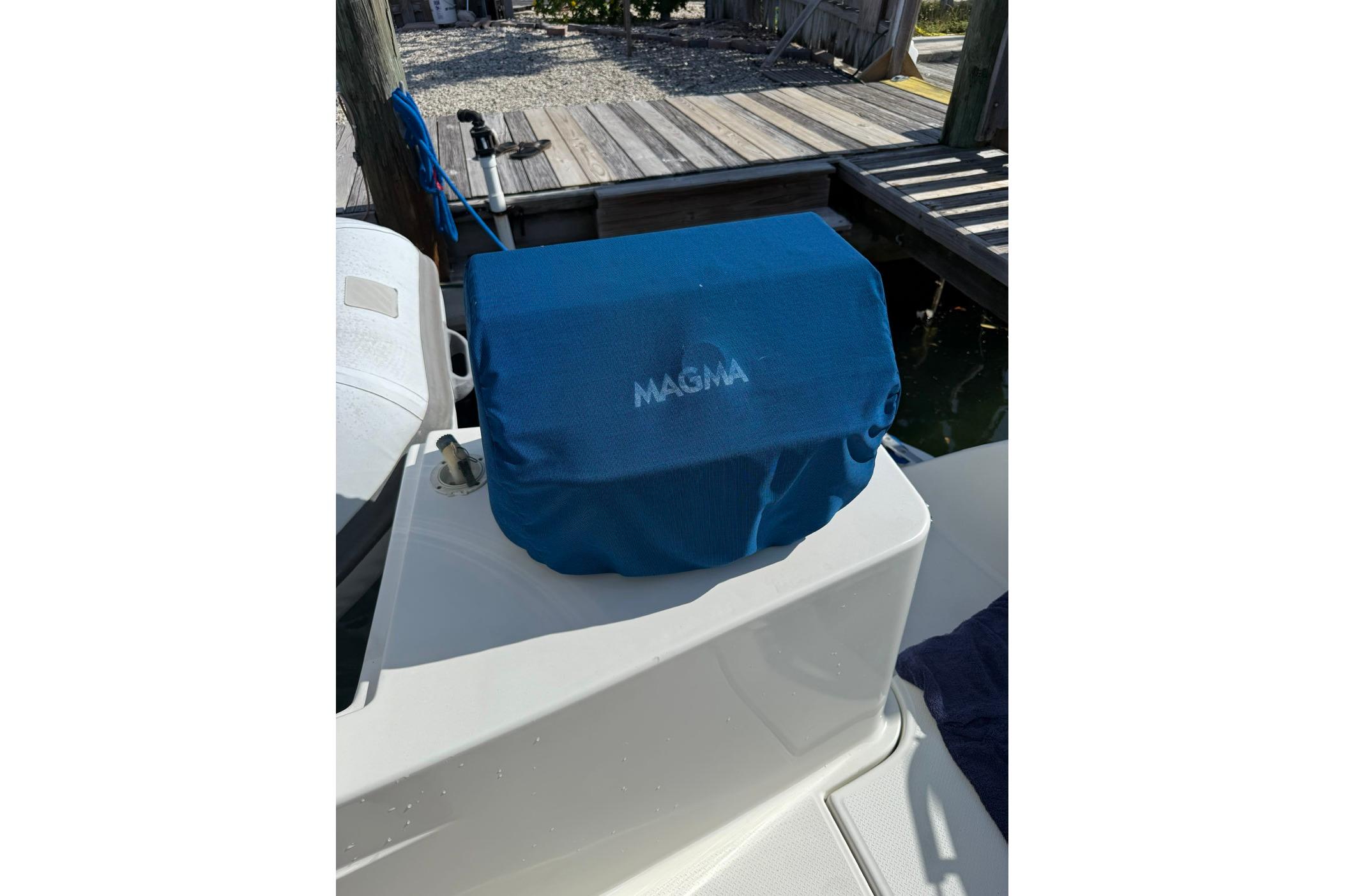 Blue Magma grill cover on 2008 Fountaine Pajot Salina 48 catamaran deck.