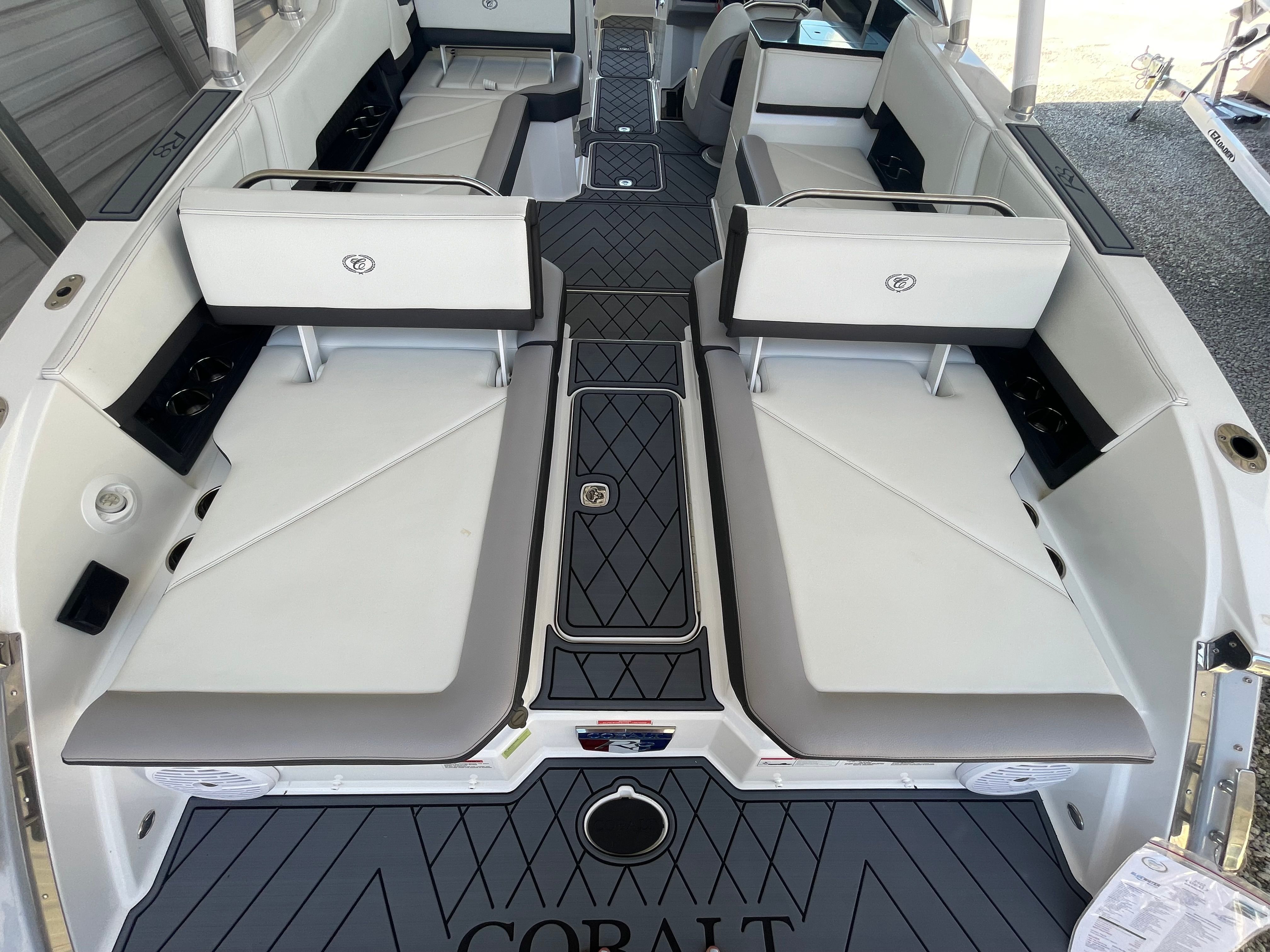 Interior of a 2022 Cobalt R8 Outboard boat with luxurious seating.