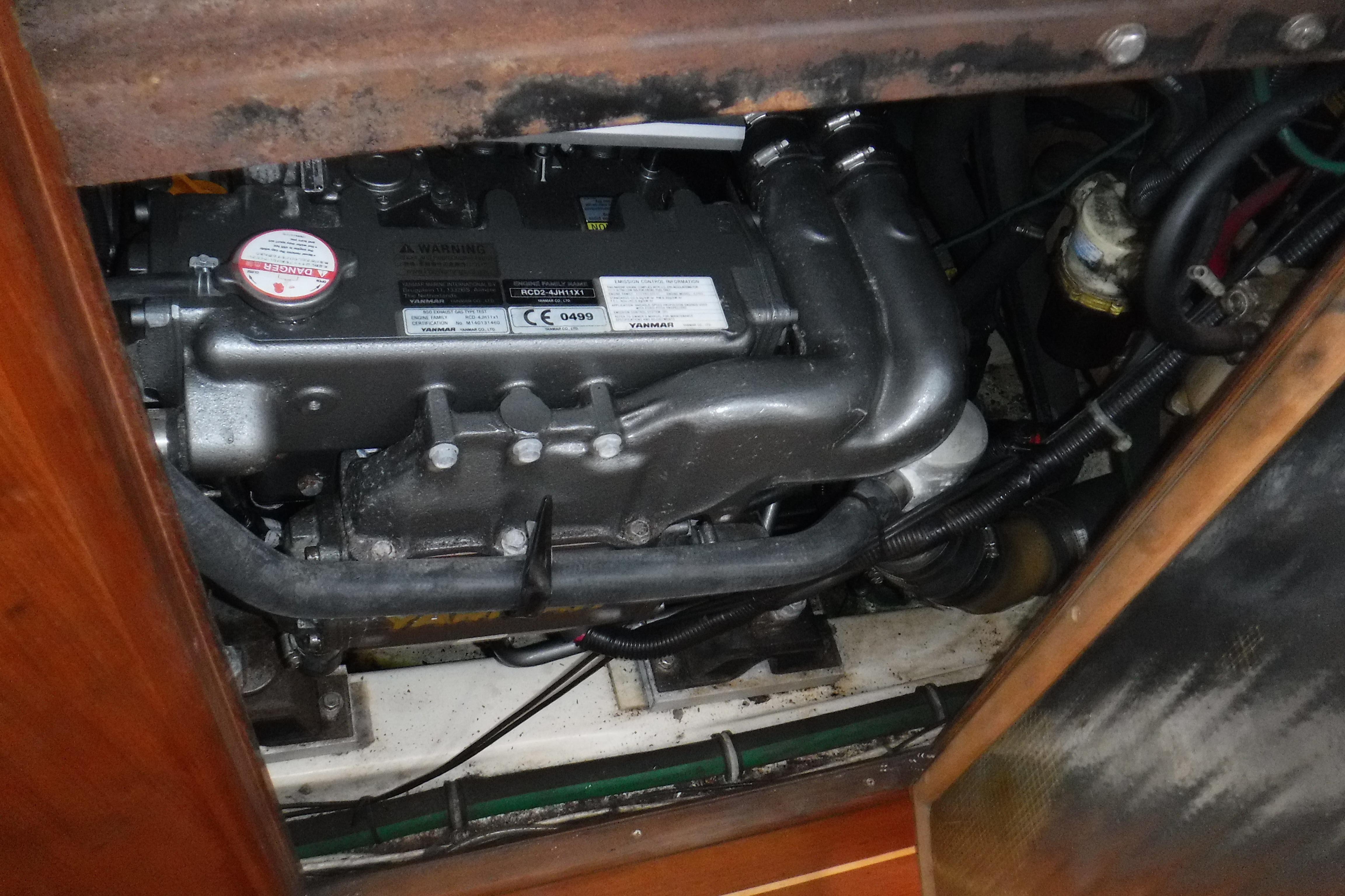 Engine compartment of a 1997 Hunter Passage 42 sailboat.