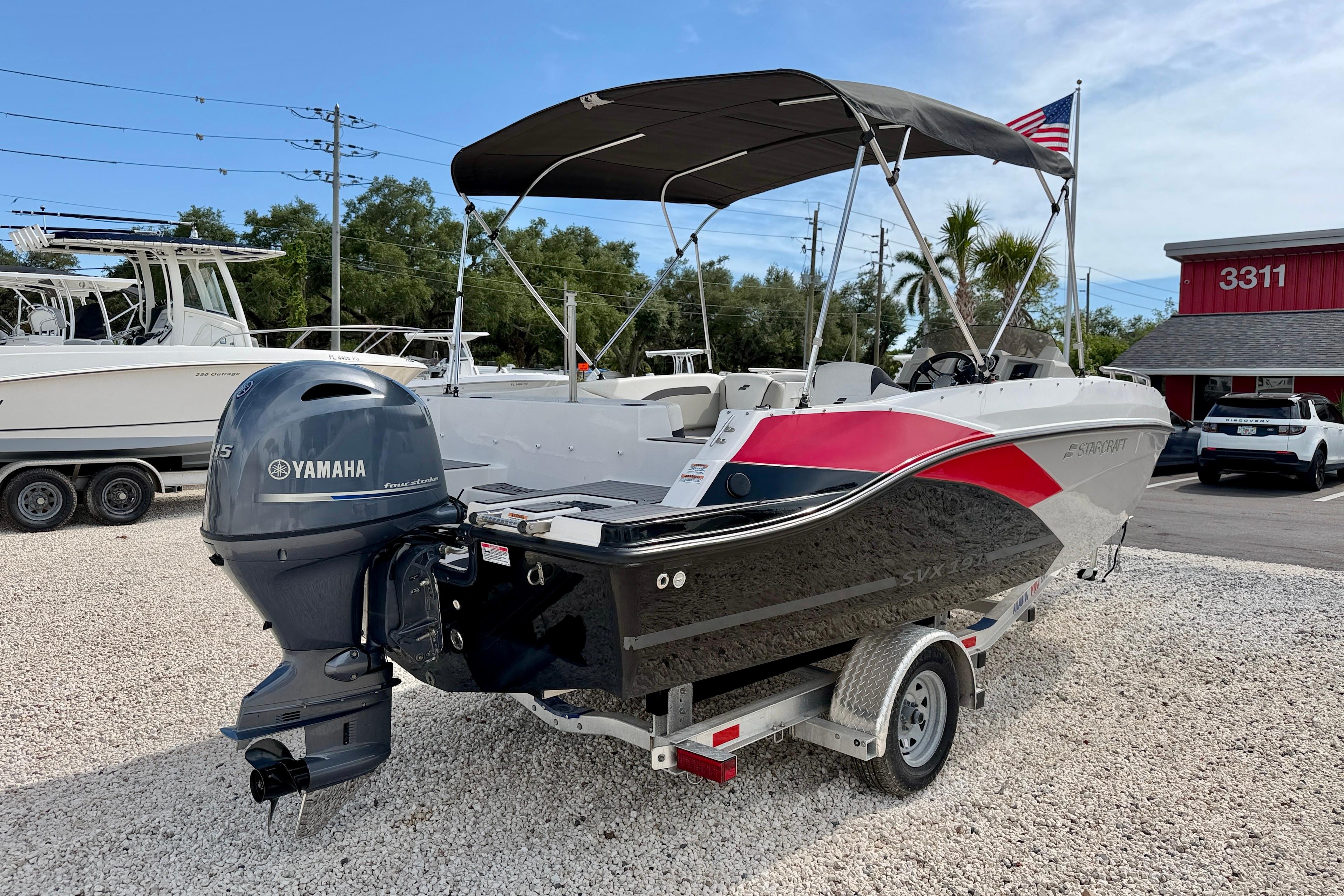 2021 Starcraft SVX 191 OB boat with Yamaha outboard motor on trailer.