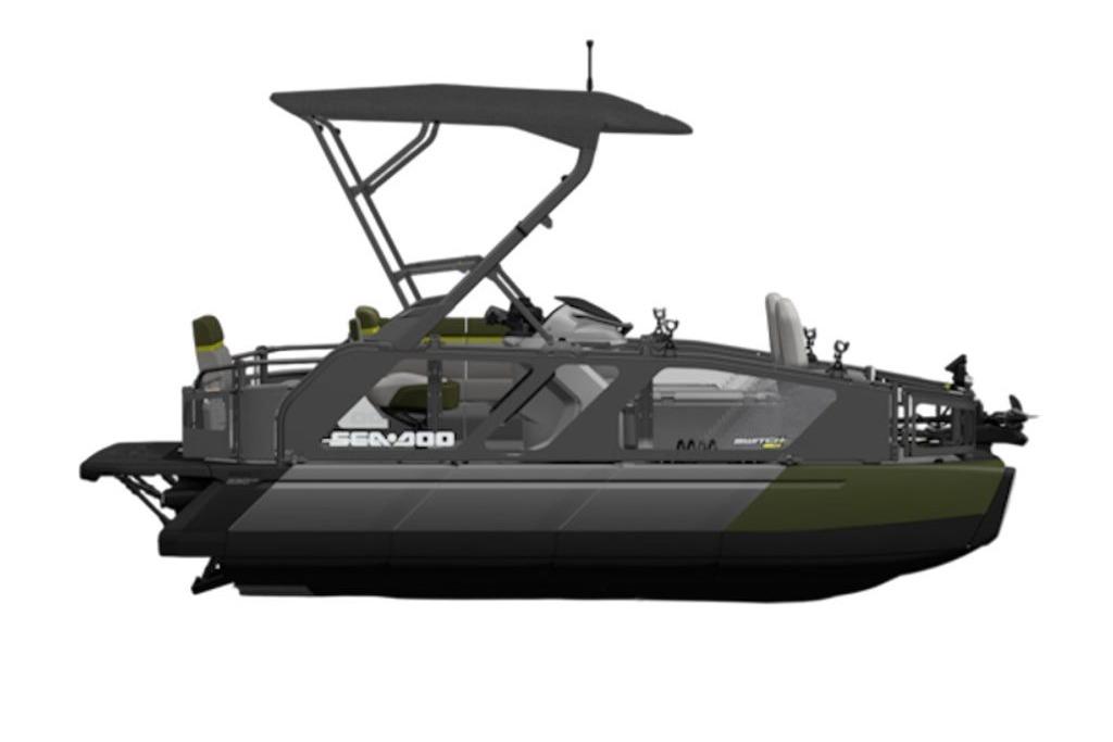 2026 Sea-Doo Switch Fish 18 pontoon boat, side view, sleek design, modern features.