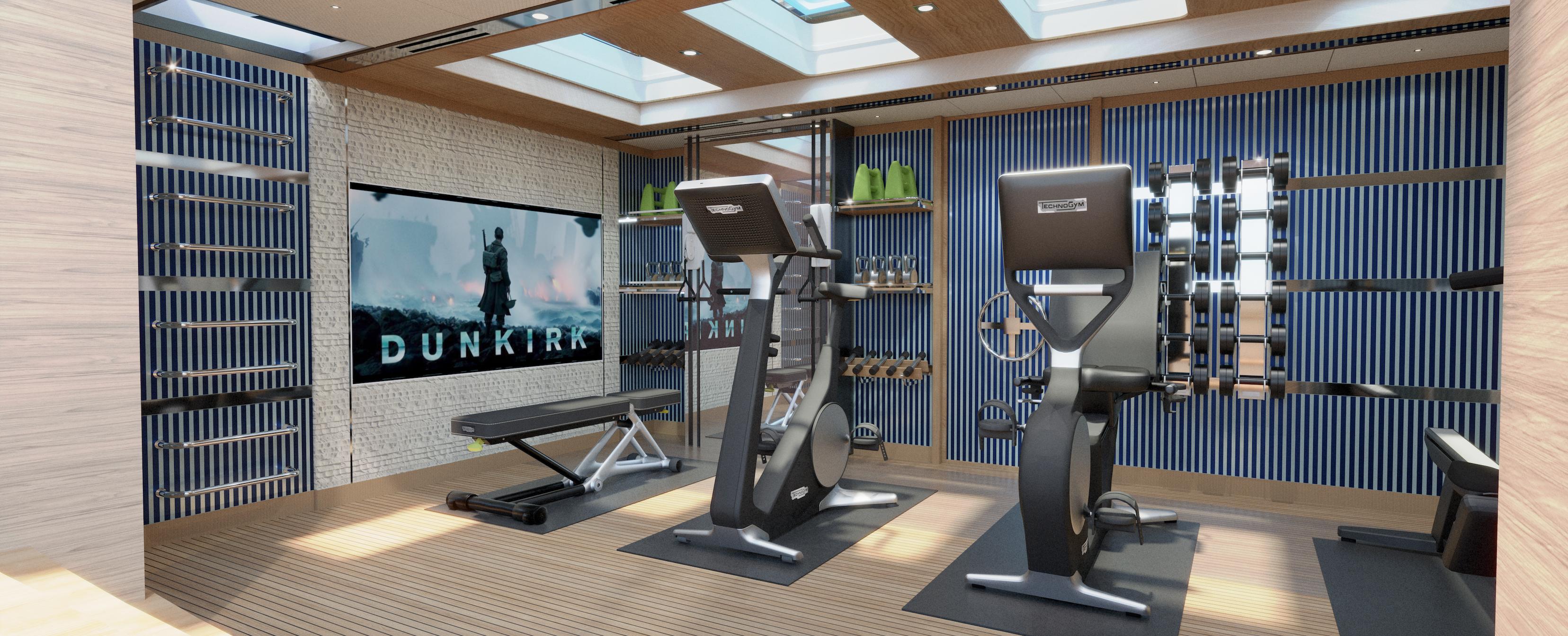 Luxurious home gym with modern equipment, featuring a large screen displaying "Dunkirk."