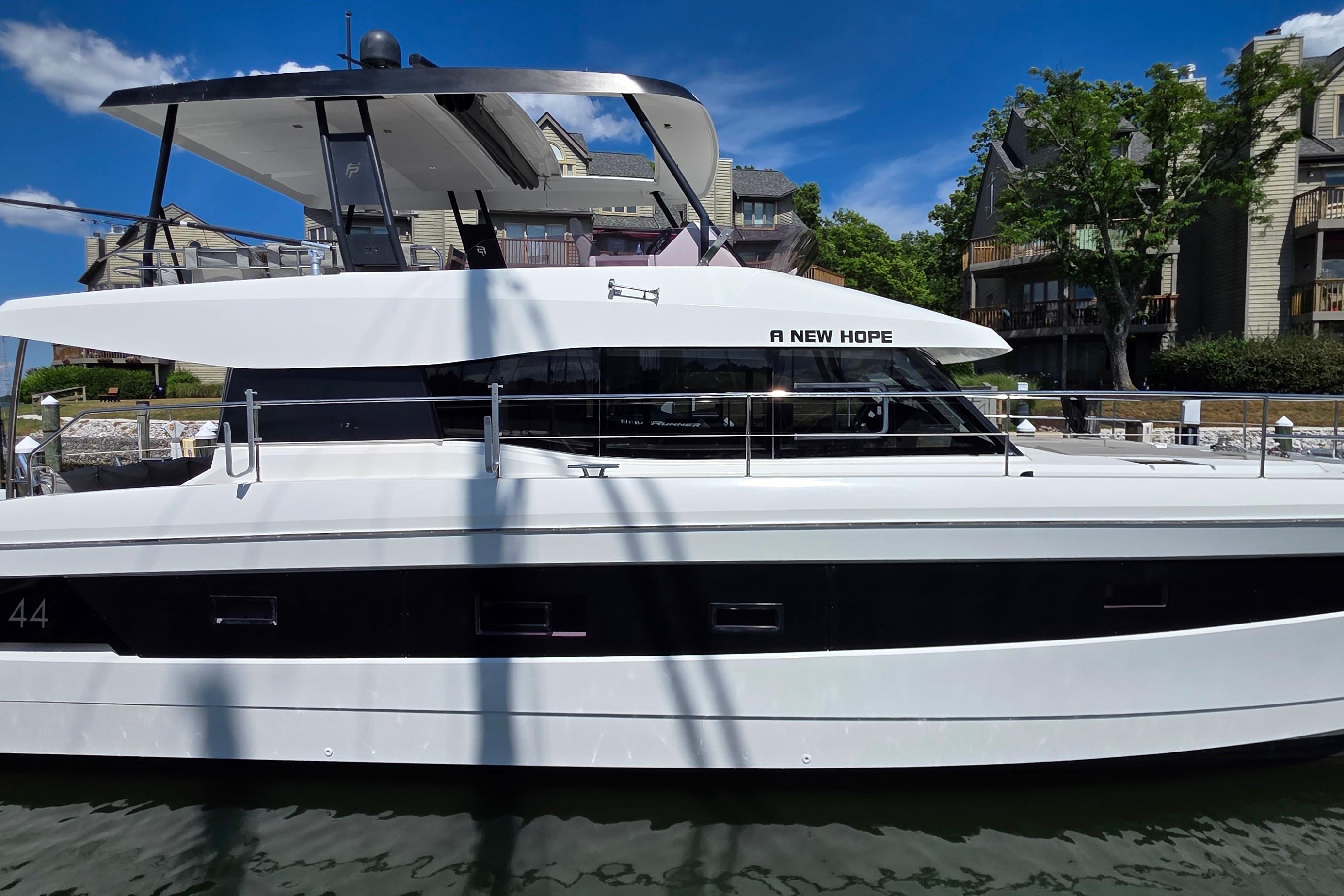 2018 Fountaine Pajot Motor Yacht 44 docked, named "A New Hope," with modern design.