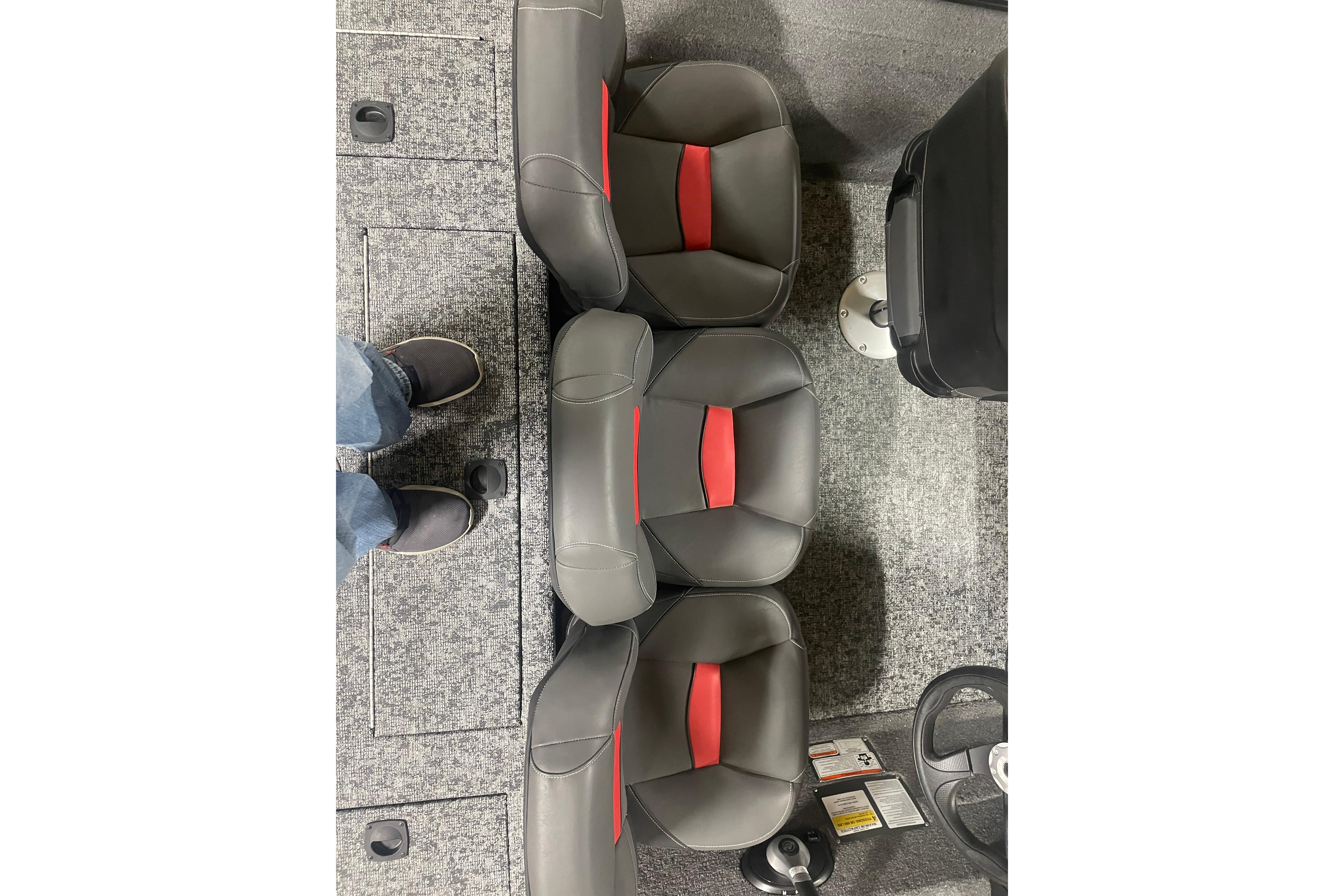 2026 Tracker Pro Team 175 Crappie Edition boat seats with gray and red design.