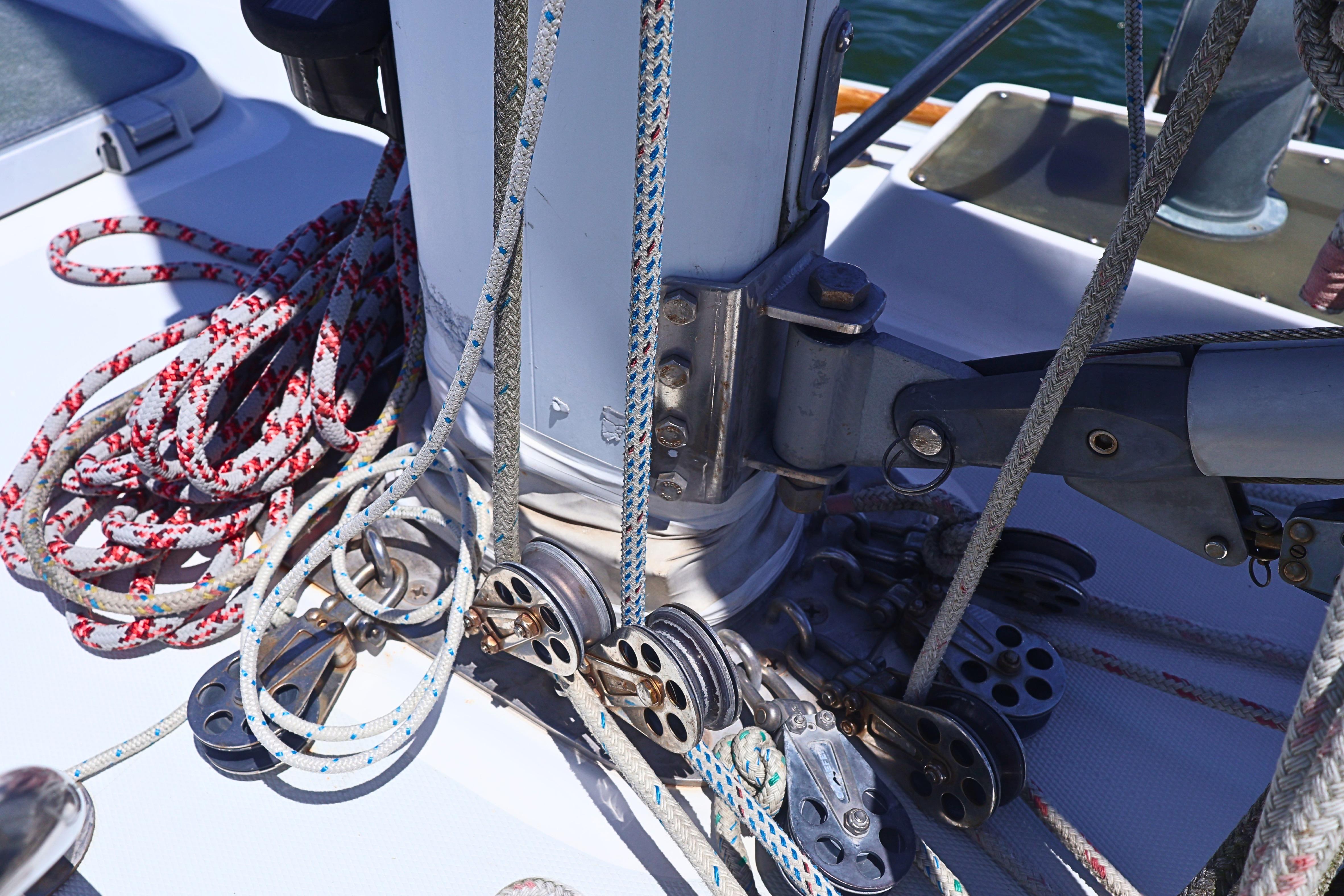 Close-up of rigging and pulleys on a 1989 J Boat J 40 sailboat deck.