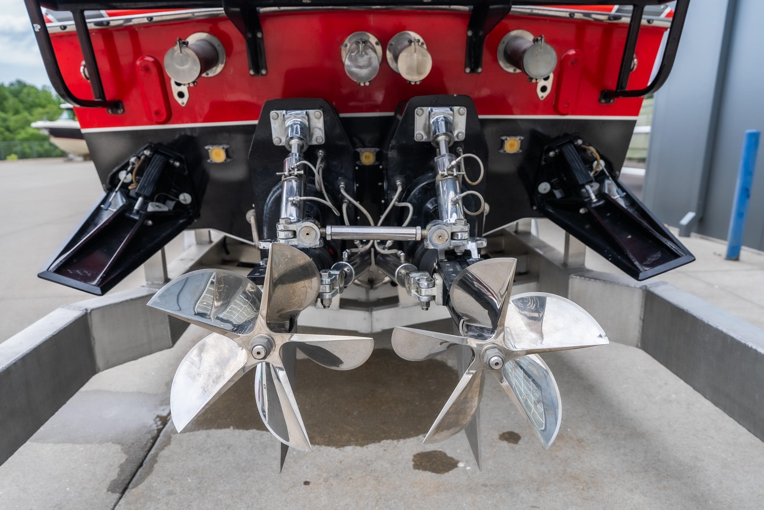 Rear view of 2006 Cigarette 39' Top Gun Unlimited boat with dual propellers.