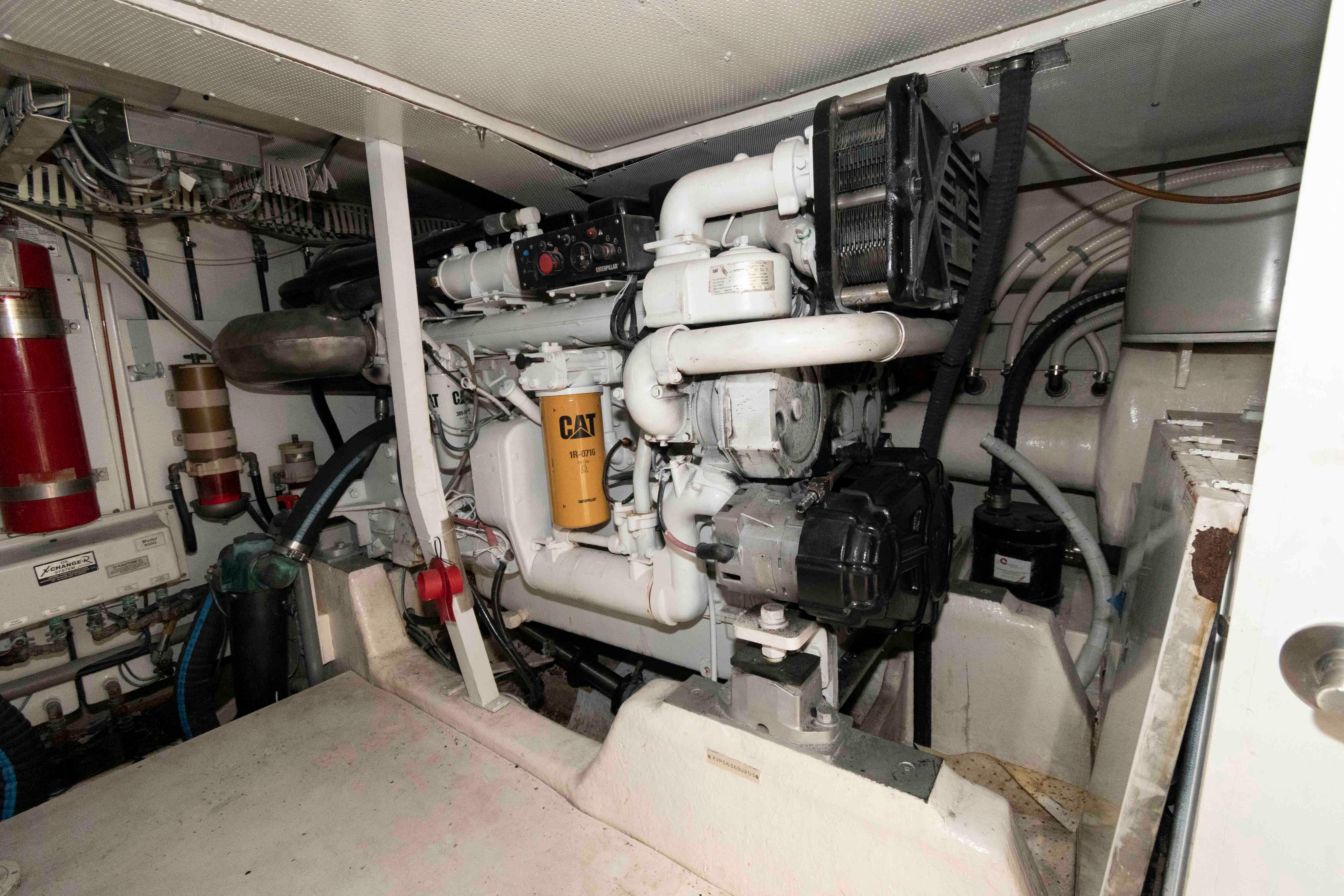 Engine room of 2003 Neptunus 56 Flybridge yacht with CAT machinery.