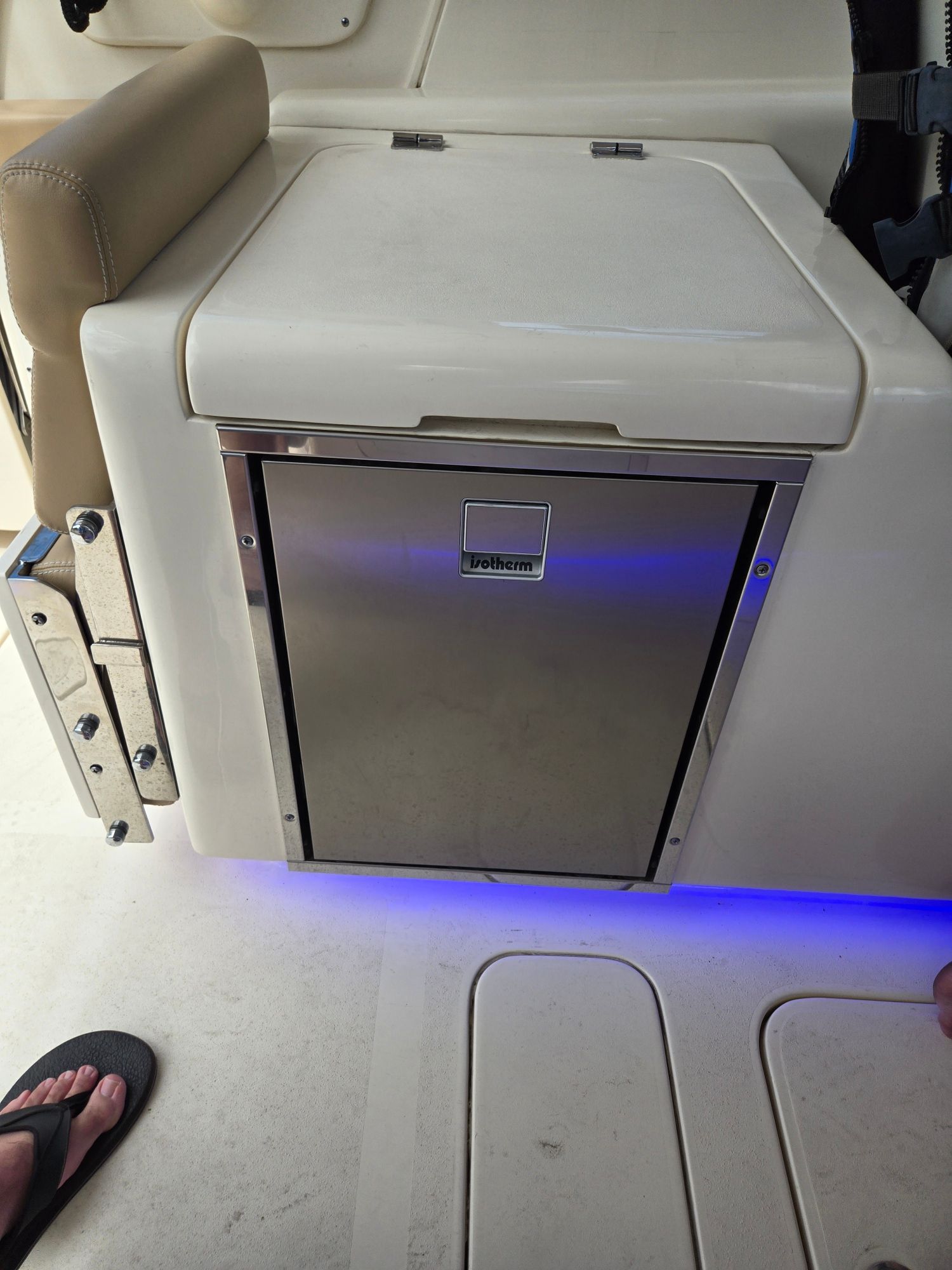 Refrigerator on a 2019 Scout 275 Dorado boat.