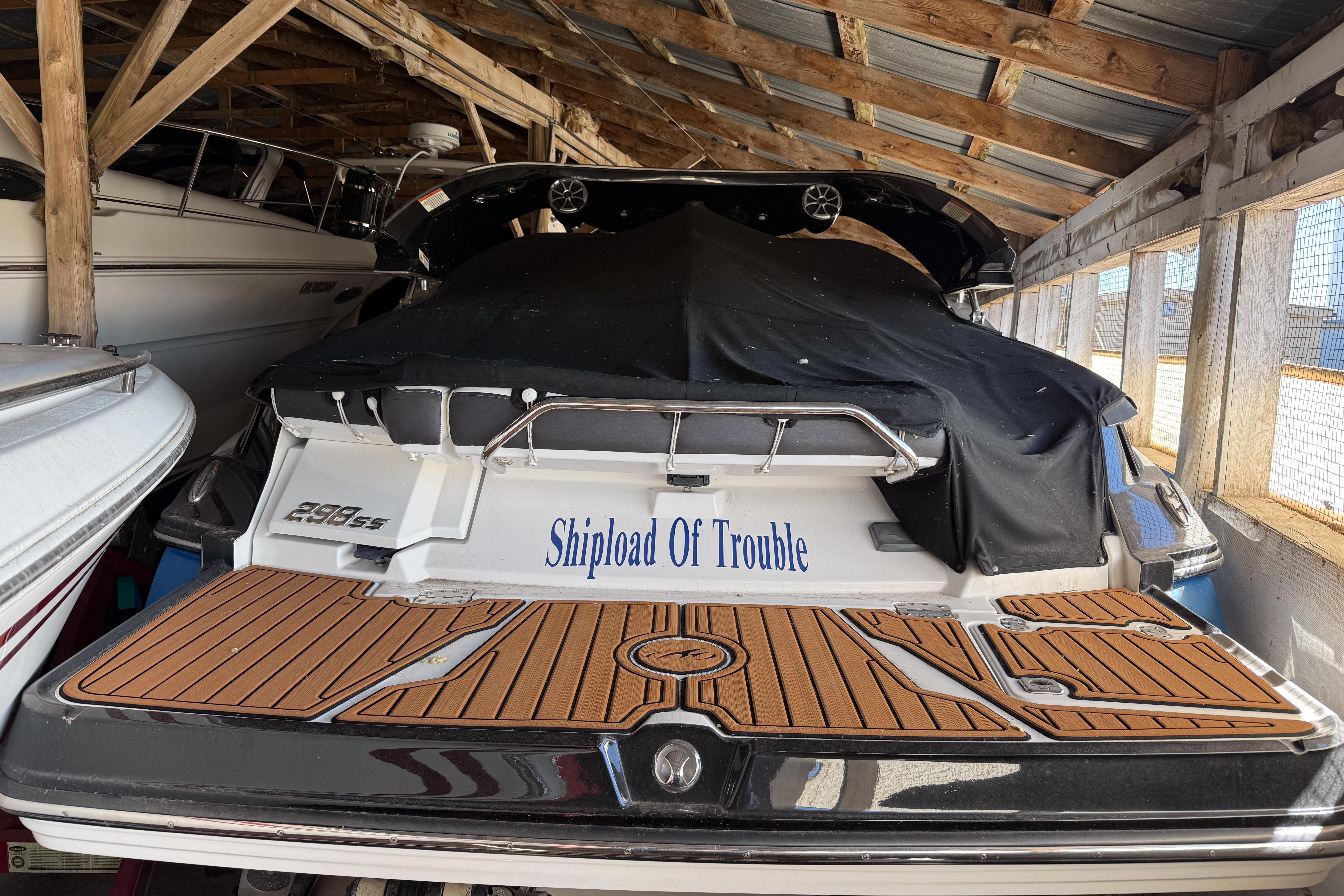 2018 Monterey 298SS Super Sport boat named "Shipload Of Trouble" in covered storage.