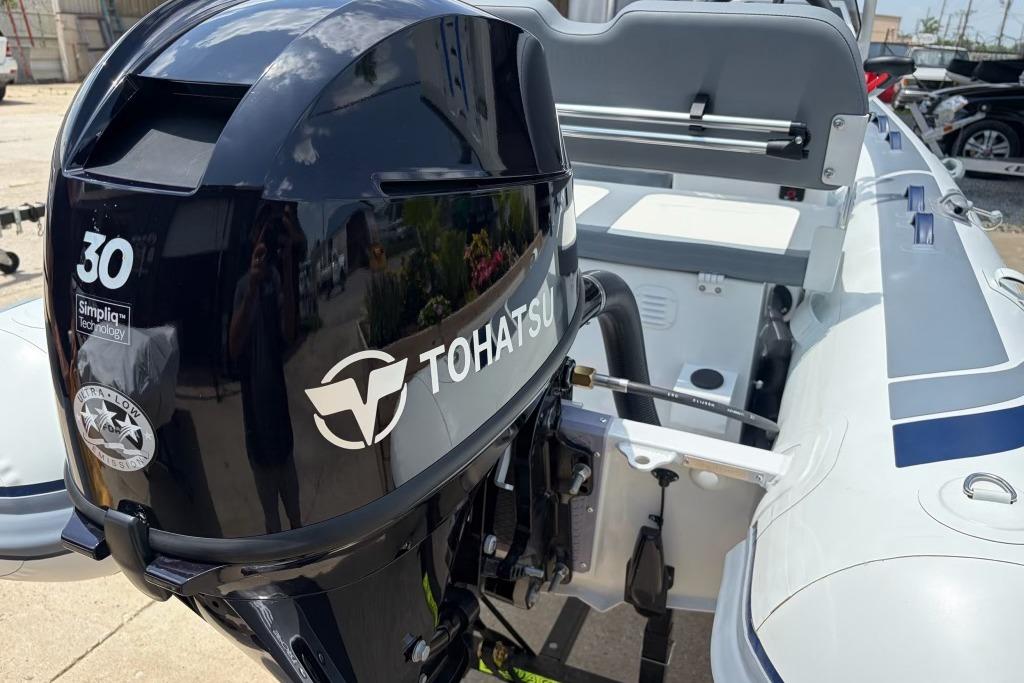 Highfield Classic 360 boat with Tohatsu 30HP engine, 2026 model, featuring sleek design.