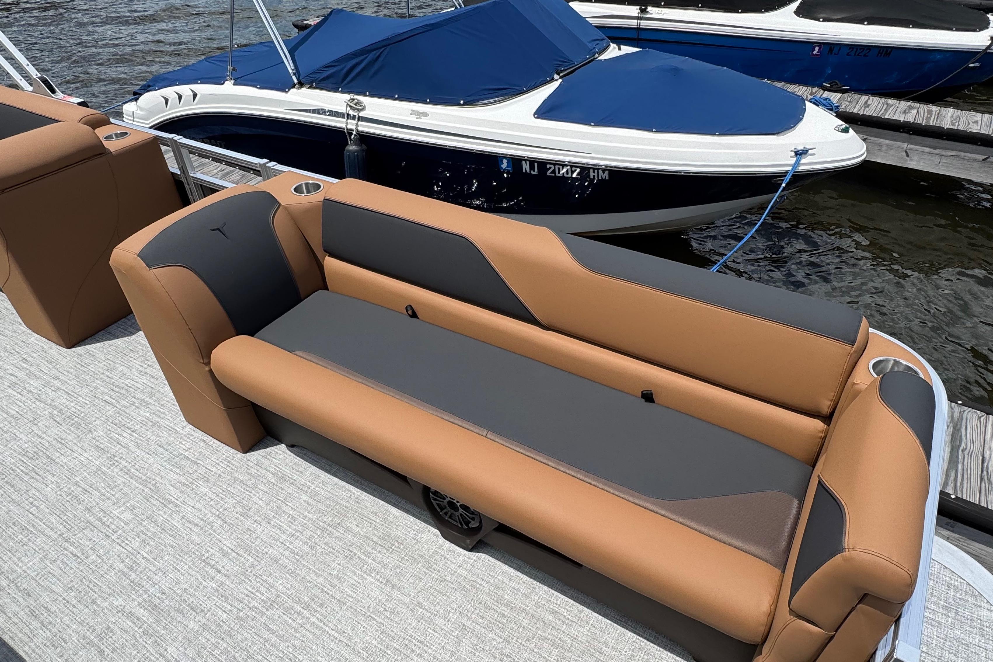 2026 Tahoe Pontoon Sport 85 Cruise Rear Bench 23 with stylish tan and gray seating.
