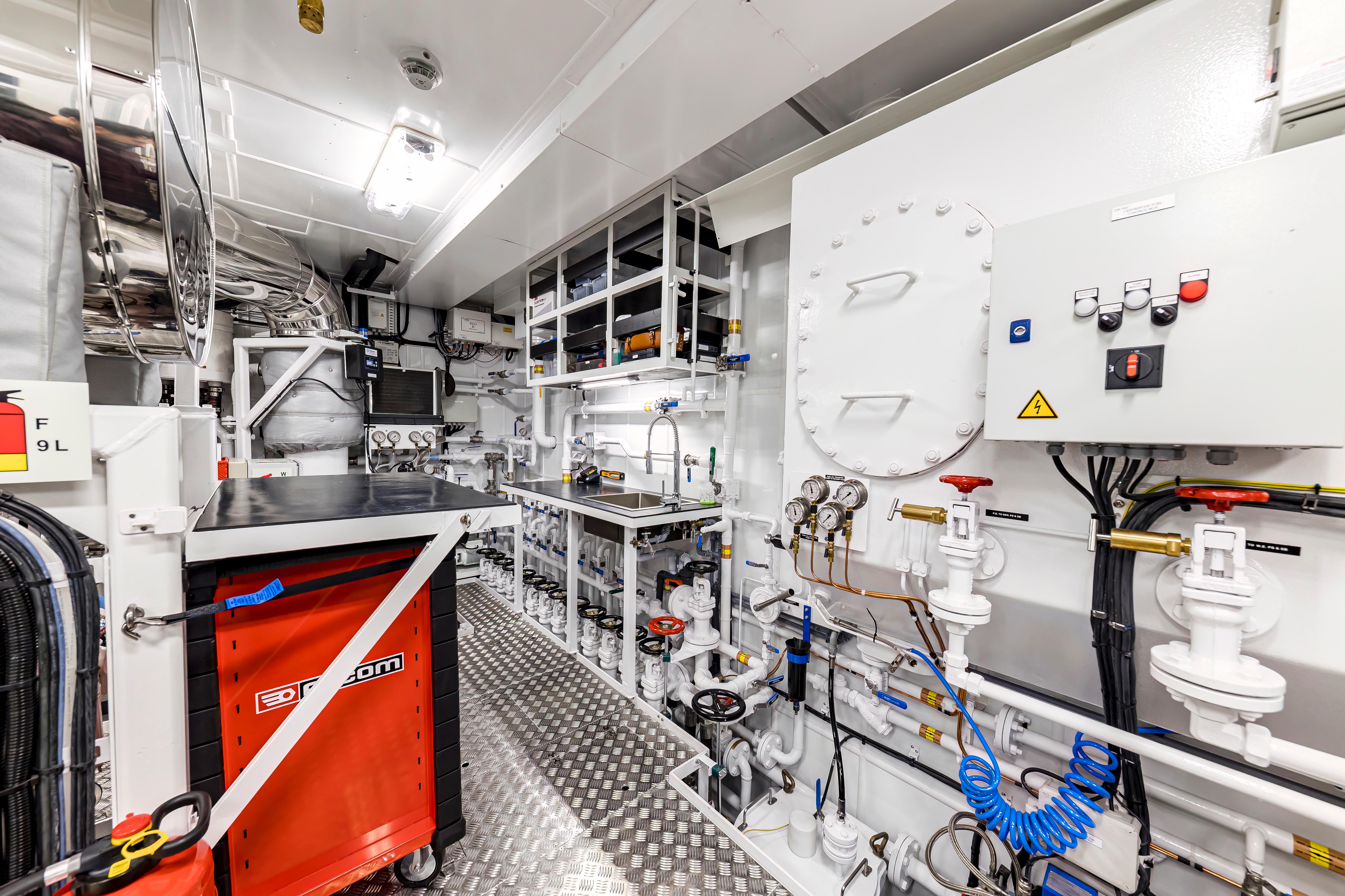 Engine room of Conrad C144S yacht, 2026 model, featuring advanced equipment and control panels.
