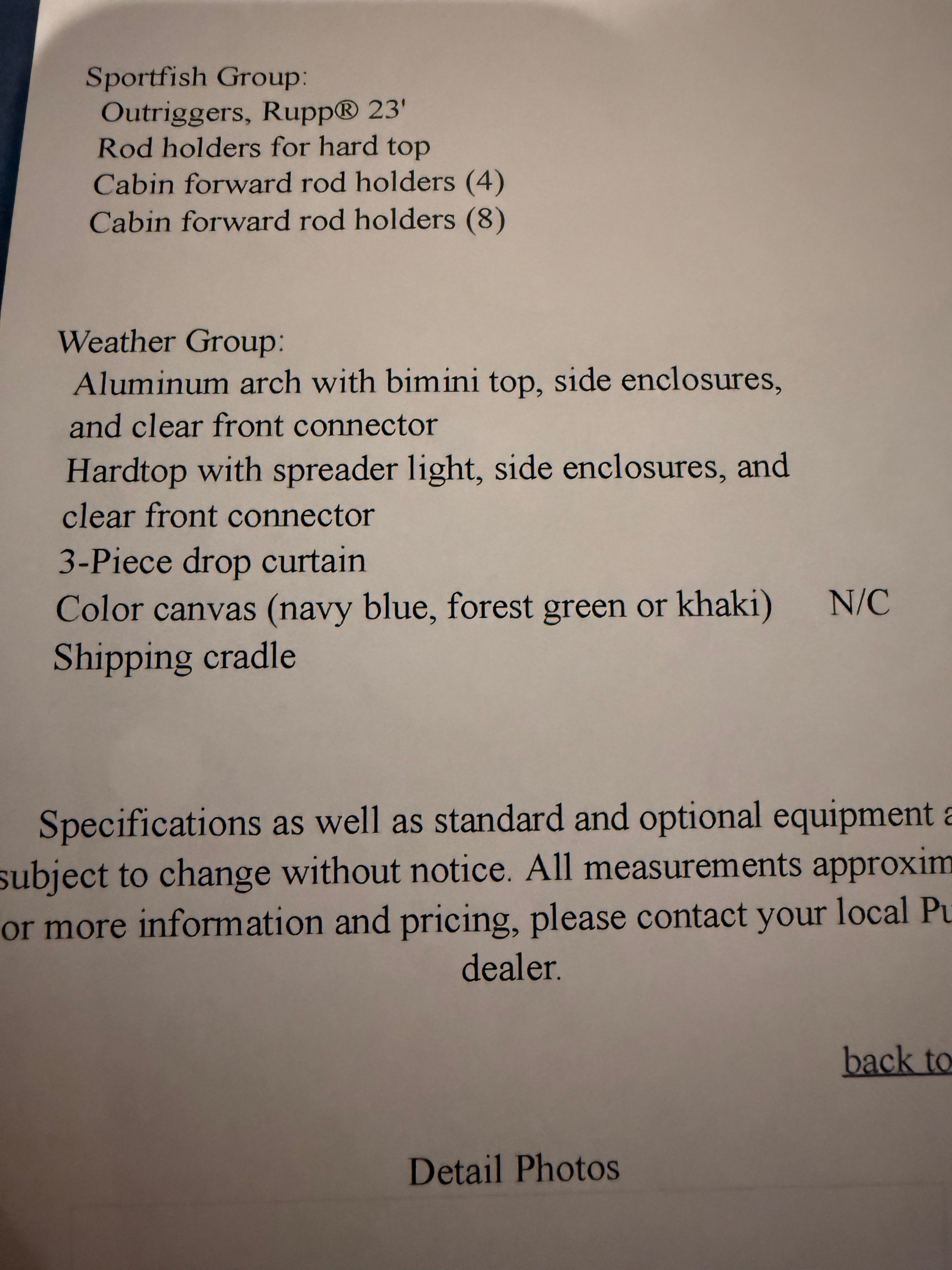 The image shows a list of boat features and specifications, including rod holders and weather protection.