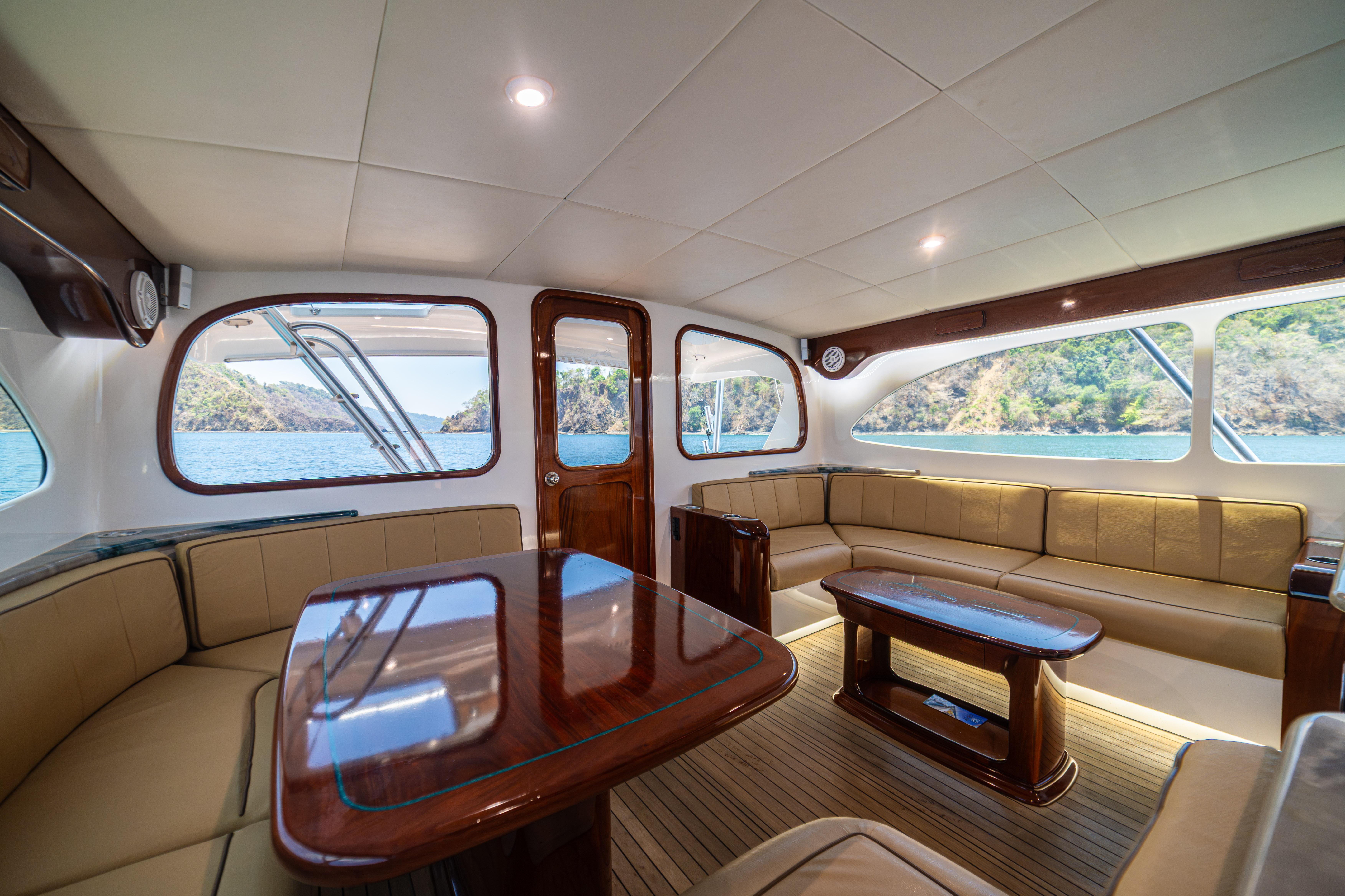 Luxurious interior of 2020 Maverick Yachts Costa Rica 50 Sportfish with elegant seating and ocean view.