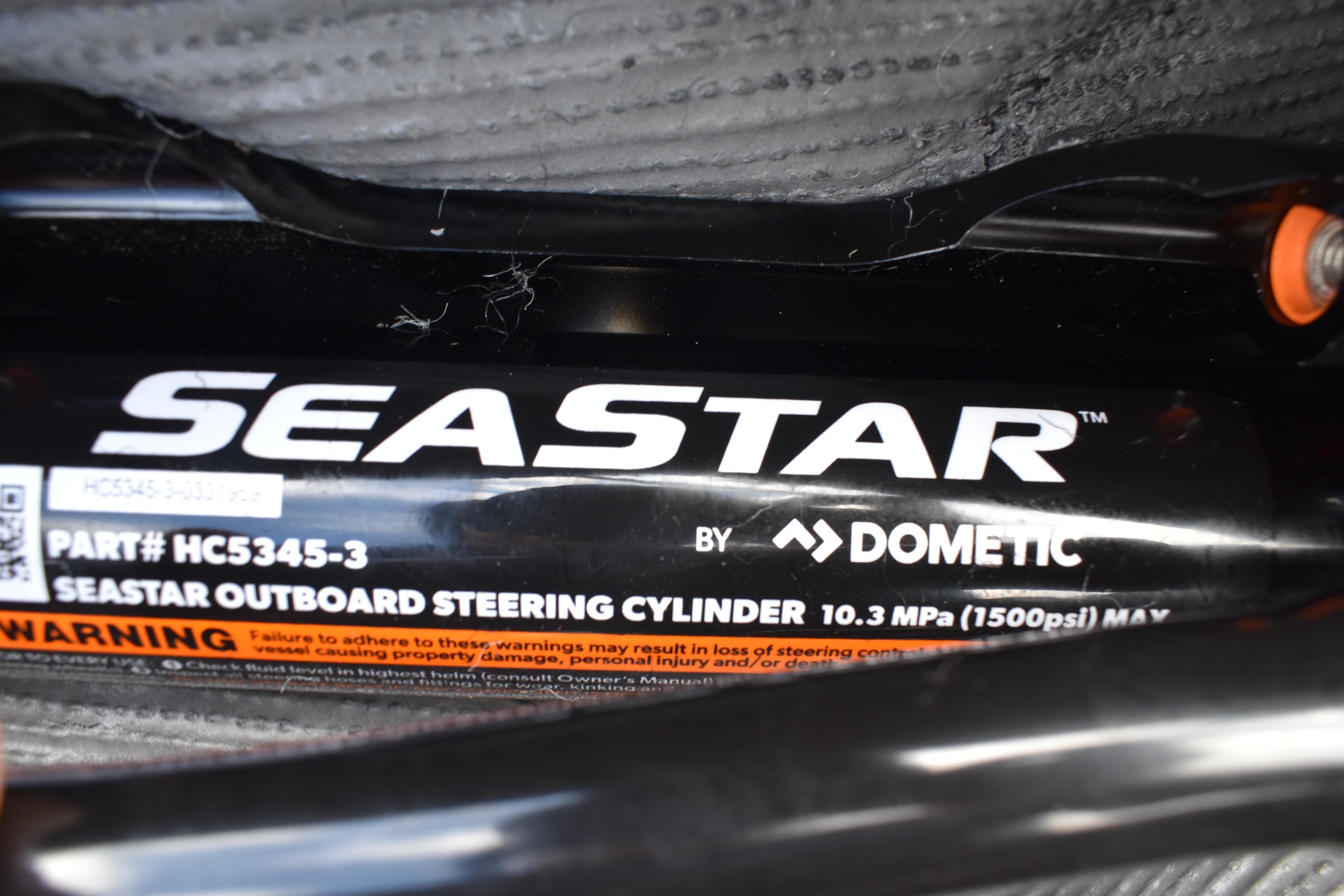 SeaStar outboard steering cylinder by Dometic, part HC5345-3, on 2026 Lowe Sport Deck 224.