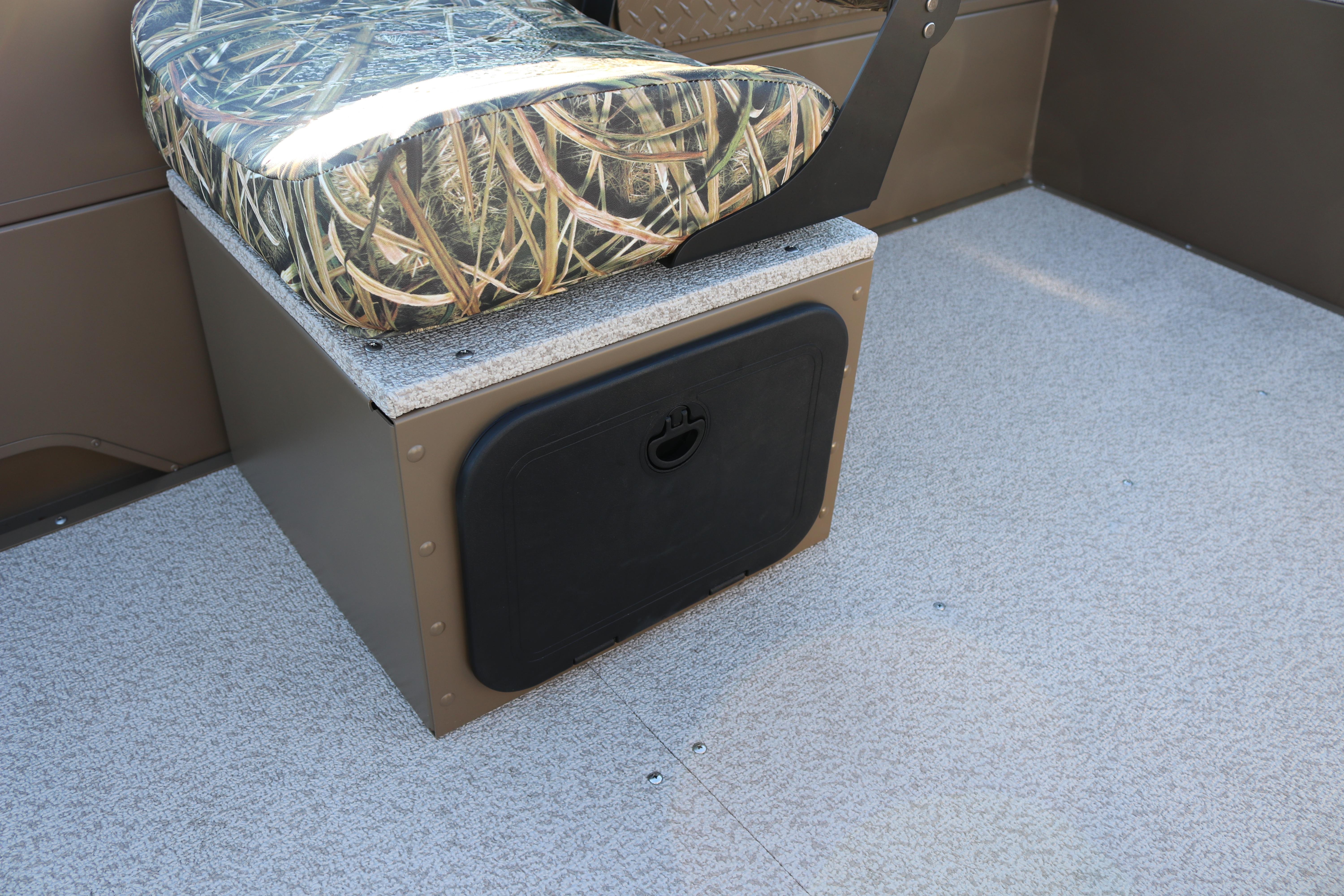 Camouflage seat and storage compartment in 2026 Smoker Craft Pro Sportsman 1866 boat.