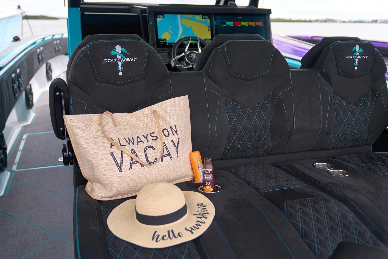 Manufacturer Provided Image: Luxury interior of 2025 Statement 430 Tigress boat with vacation accessories.