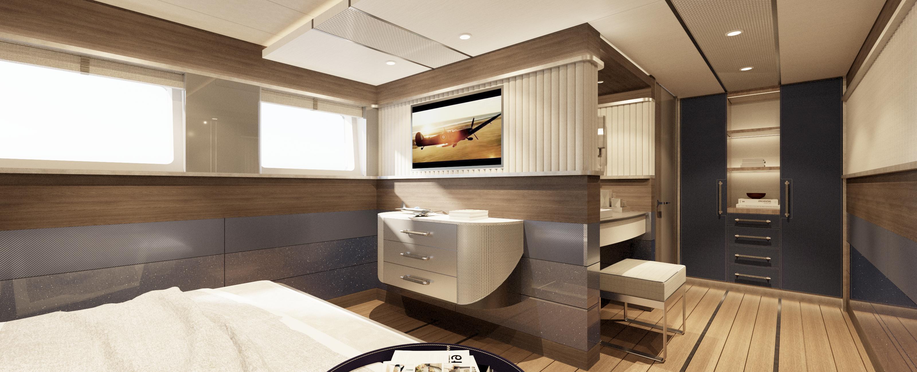 Luxurious interior of 2027 Custom ARES SPITFIRE yacht with modern design and elegant furnishings.