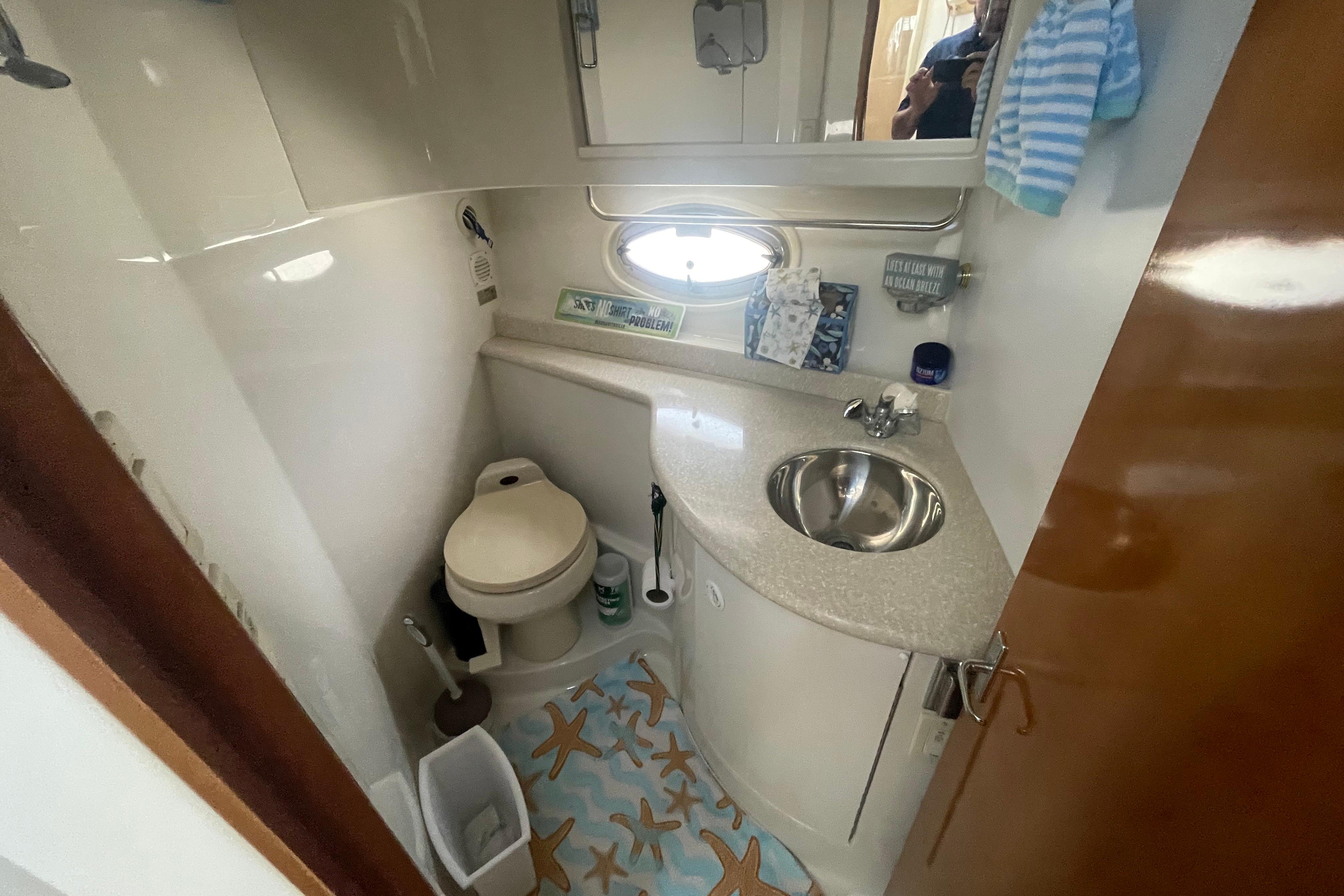 Bathroom interior of 2002 Carver 410 Sport Sedan with sink, toilet, and starfish-themed mat.