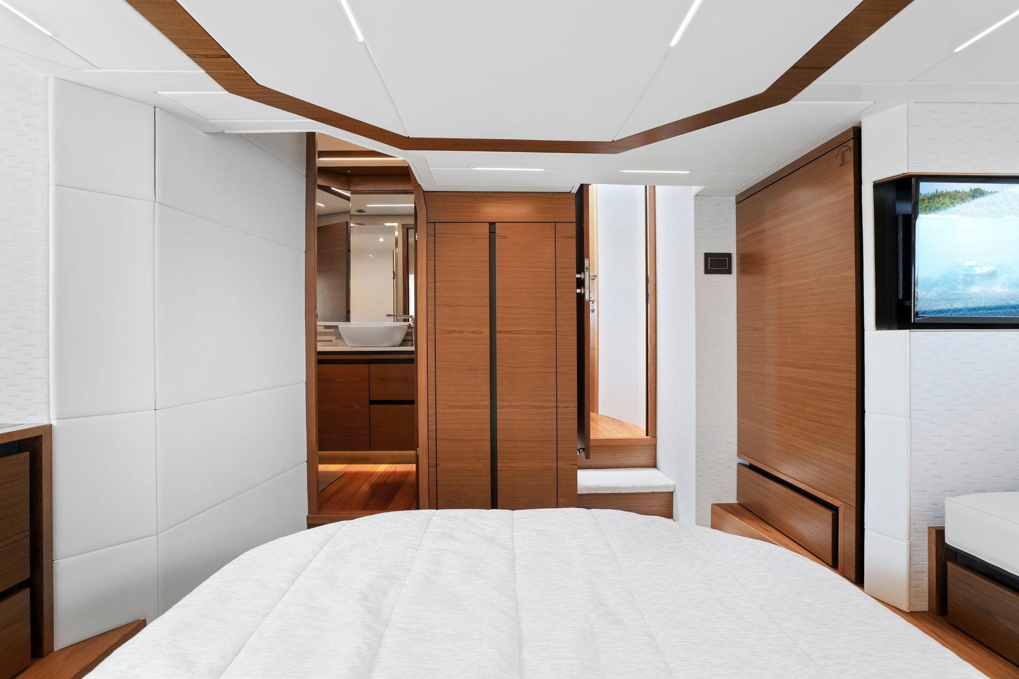 Luxurious interior of 2023 Tiara Yachts C49 Coupe, featuring modern design and elegant wood finishes.