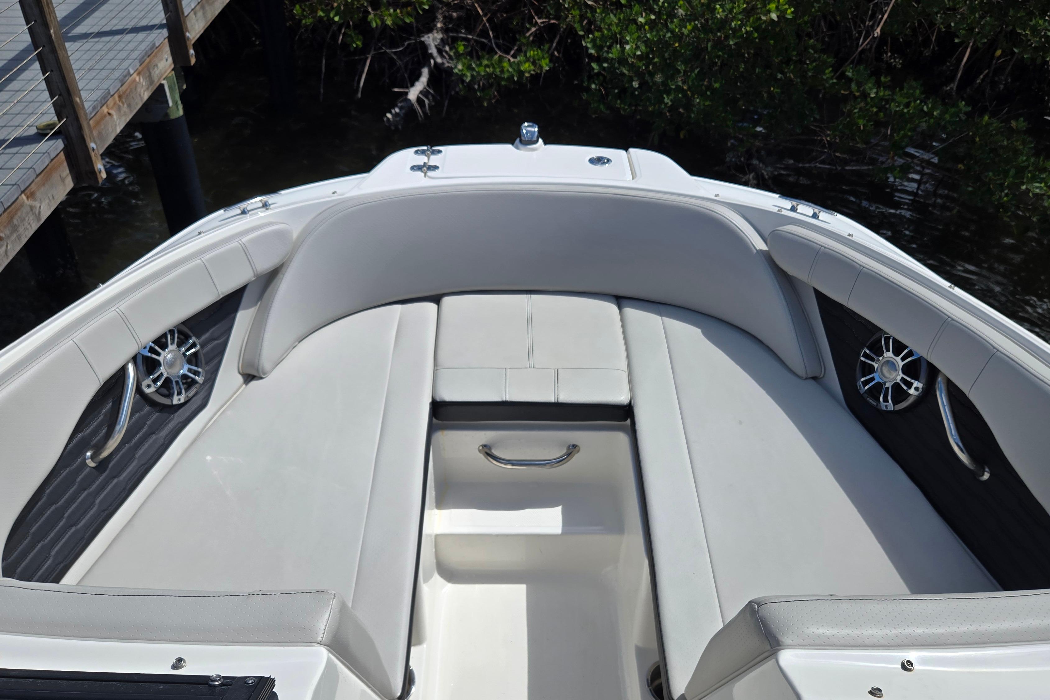 2023 Sea Ray SPX 210 boat interior with sleek seating and modern design.
