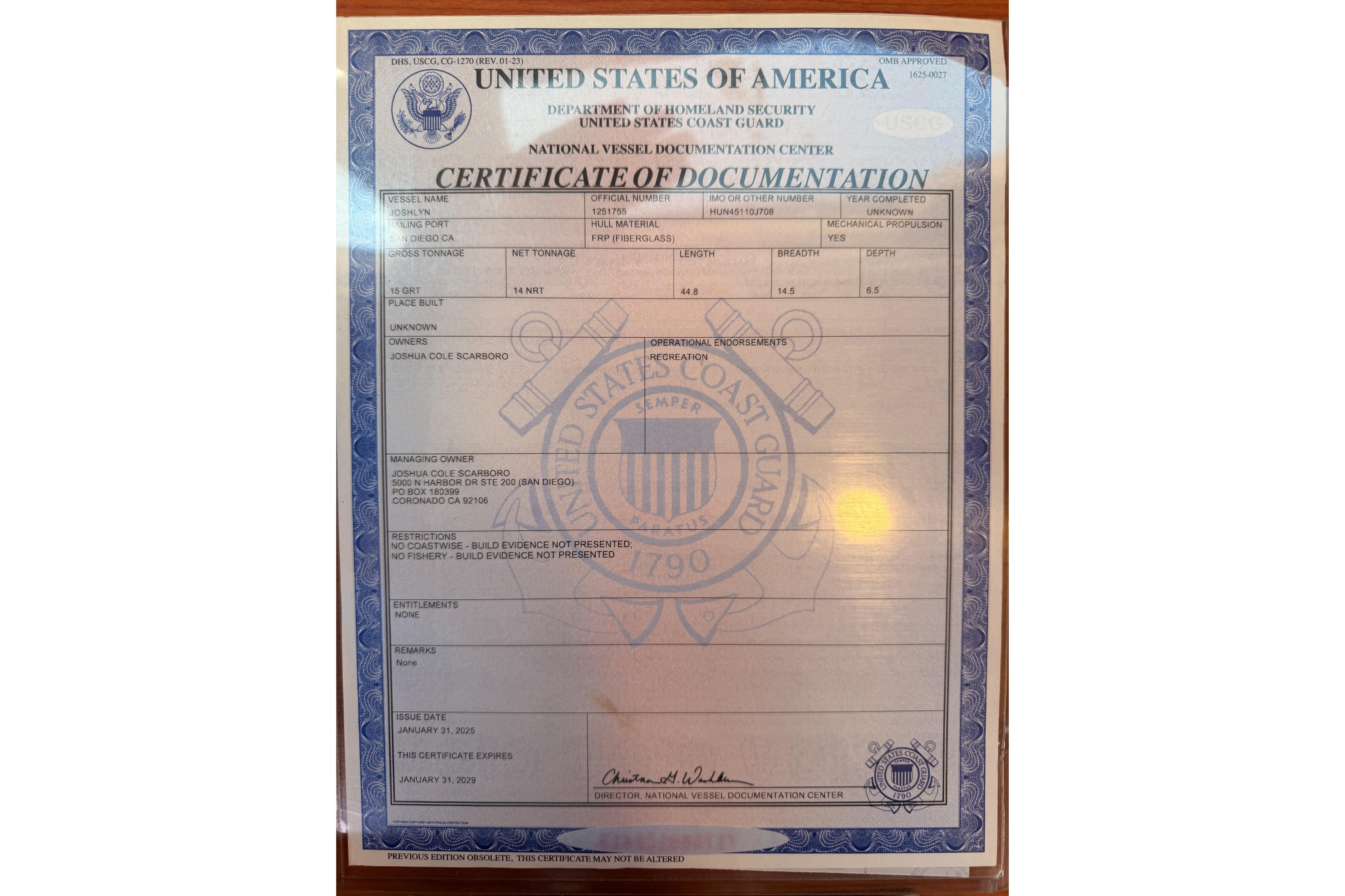 Certificate of Documentation for 2008 Hunter 45 Deck Salon vessel, issued by U.S. Coast Guard.