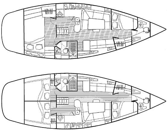 Floor plan of a 1998 Hunter 410 sailboat, showcasing interior layout and cabin design.