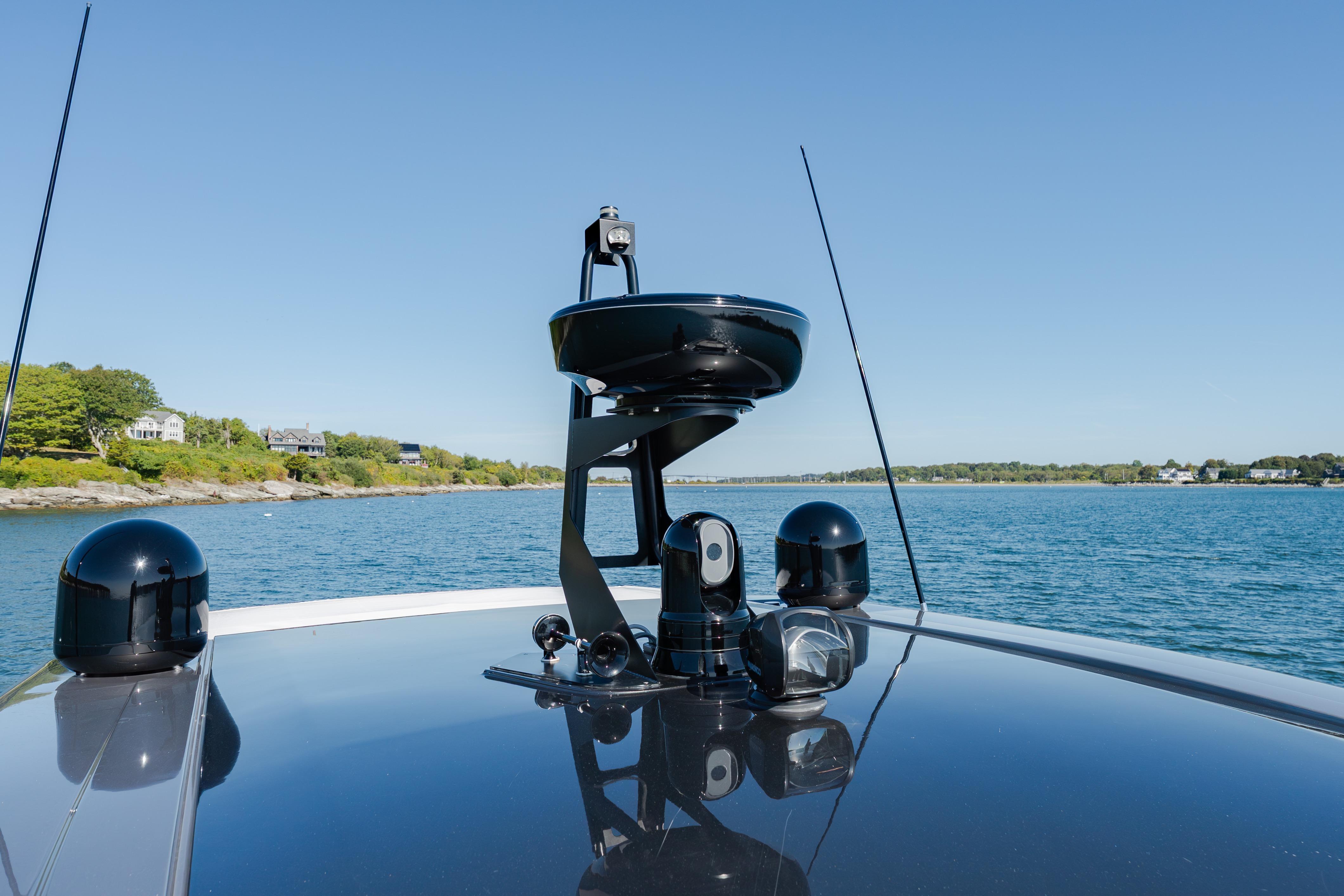2023 Azimut Verve 47 yacht radar and navigation equipment on calm waters.
