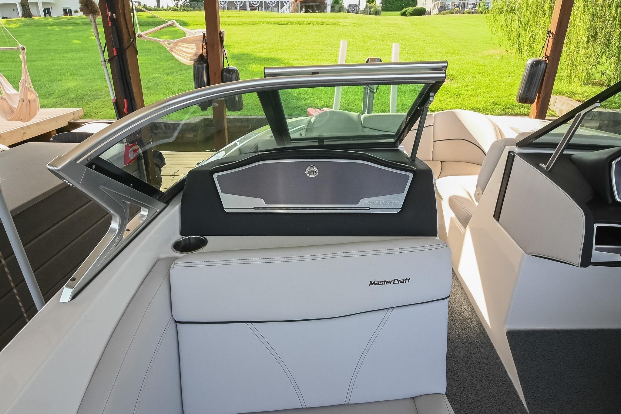 2018 MasterCraft X23 boat interior with sleek seating and modern design.