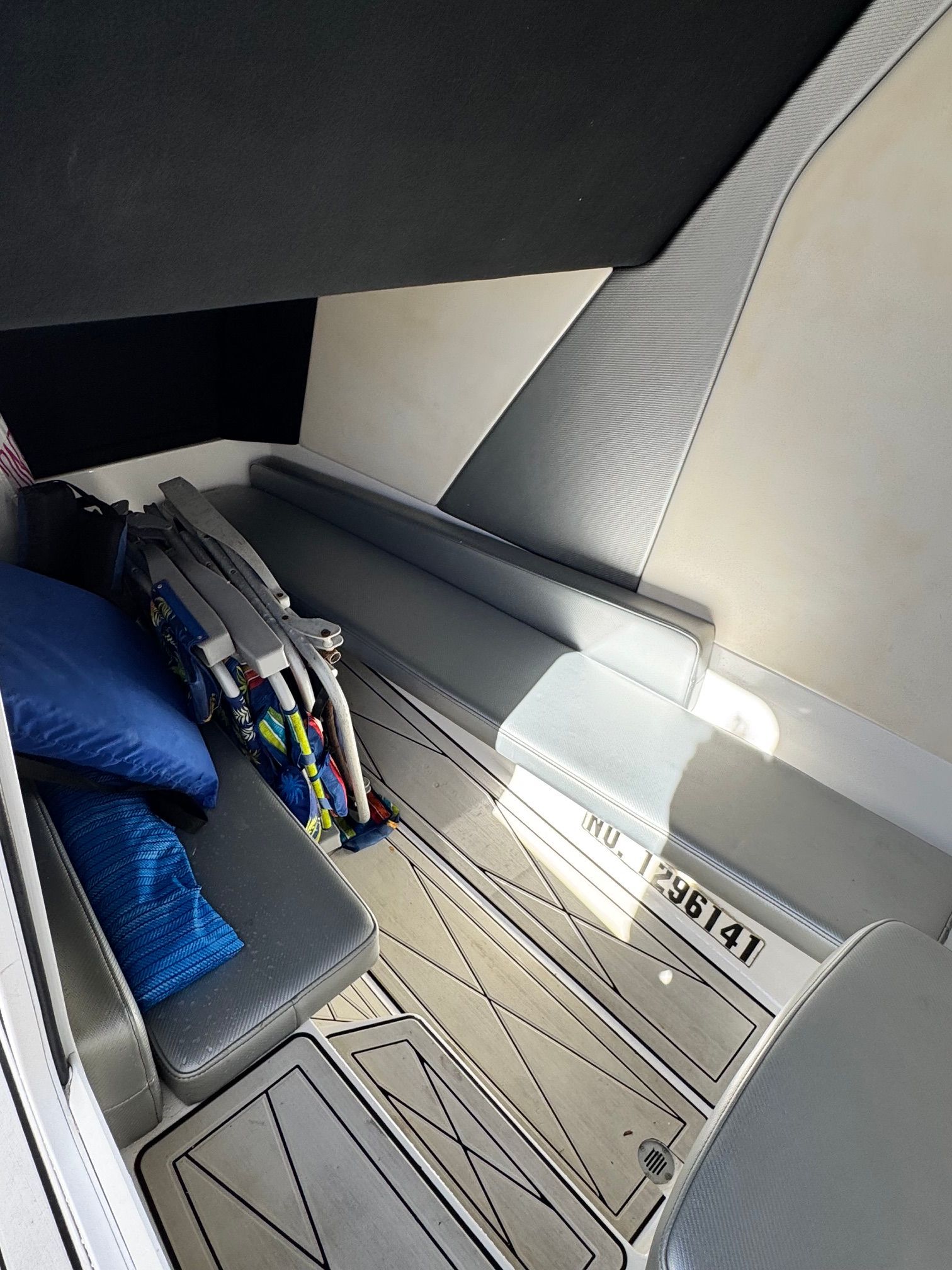 Interior of a 2017 Sunsation 32 CCX boat with seating.