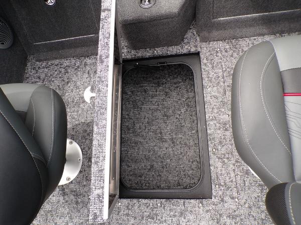 2025 Tracker Pro Guide™ V-175 Combo boat interior with storage compartment and seating.