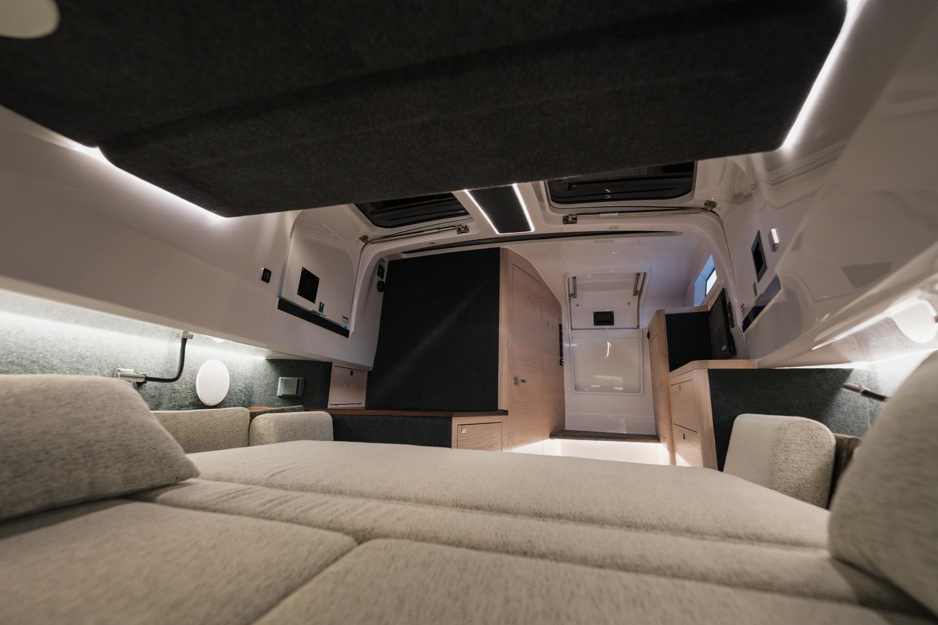 Interior of 2027 Axopar 45 XC Cross Cabin, featuring modern design and comfortable seating.