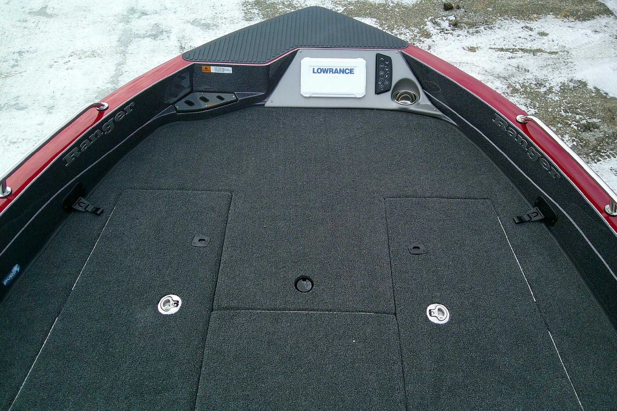 2026 Ranger 620FS Cup Equipped boat deck with Lowrance system, red and black design.