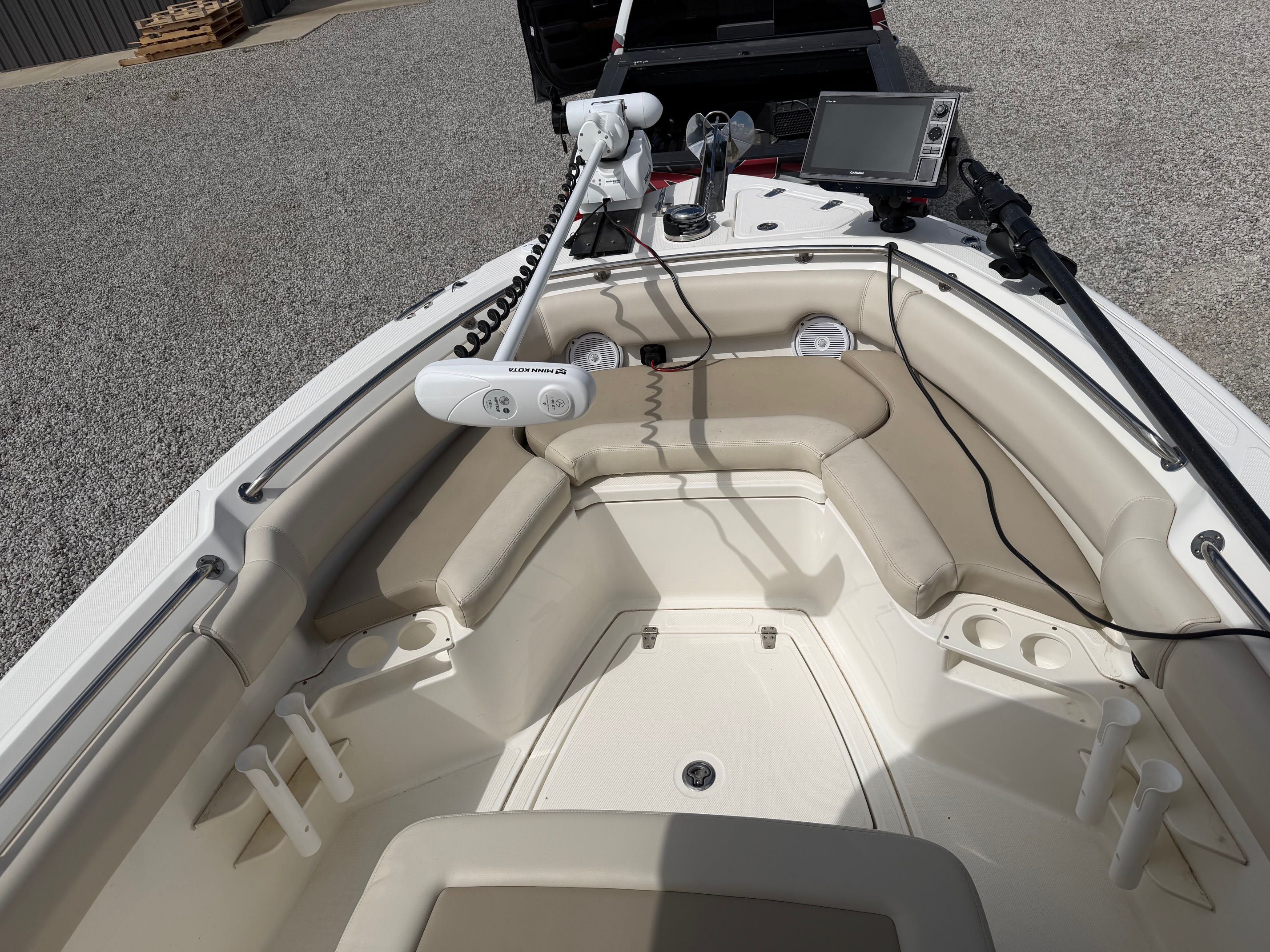 Interior view of a 2020 Boston Whaler 230 Outrage boat.