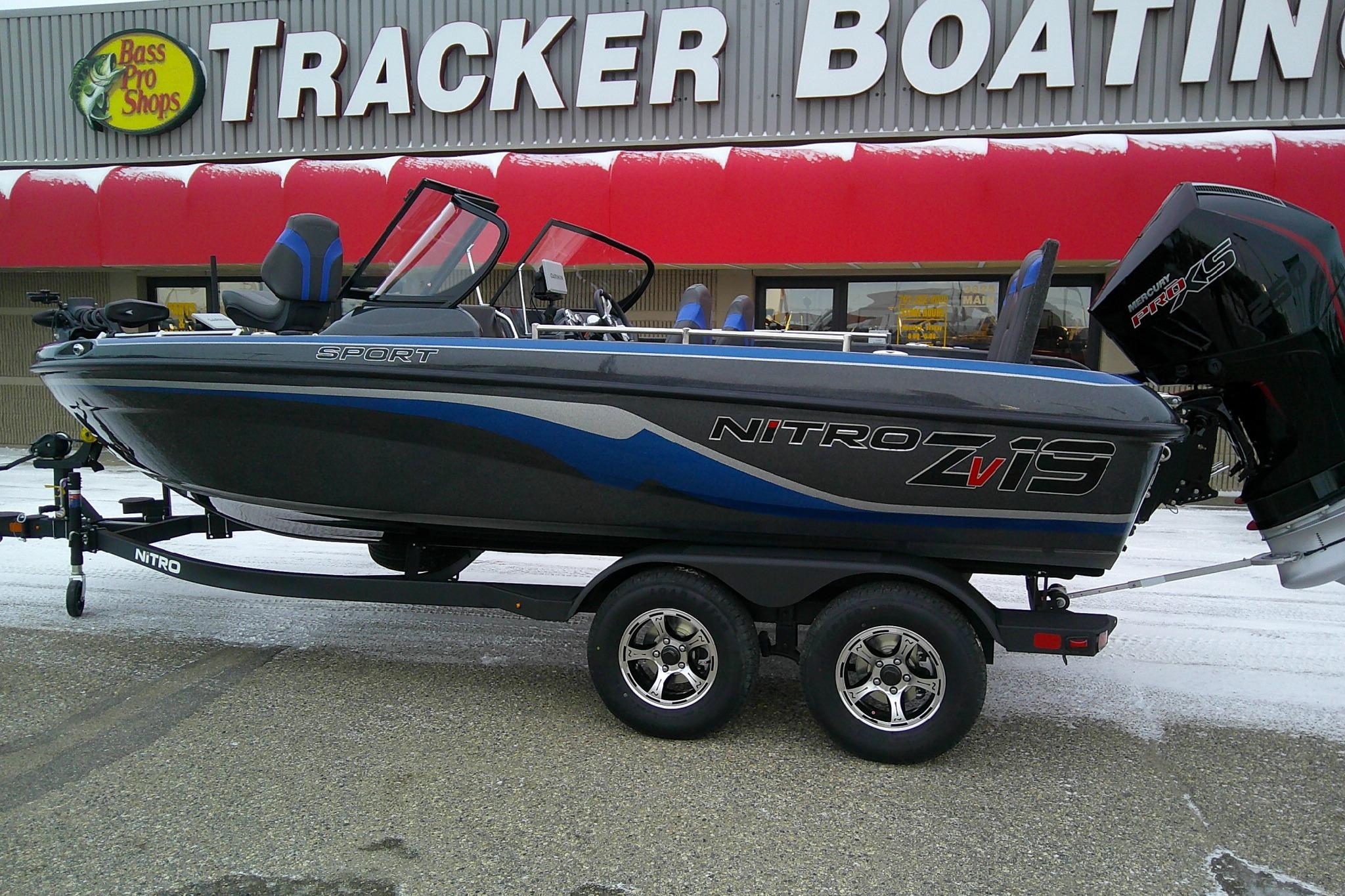 2026 Nitro ZV19 Sport Pro boat at Tracker Boating store, featuring sleek design.