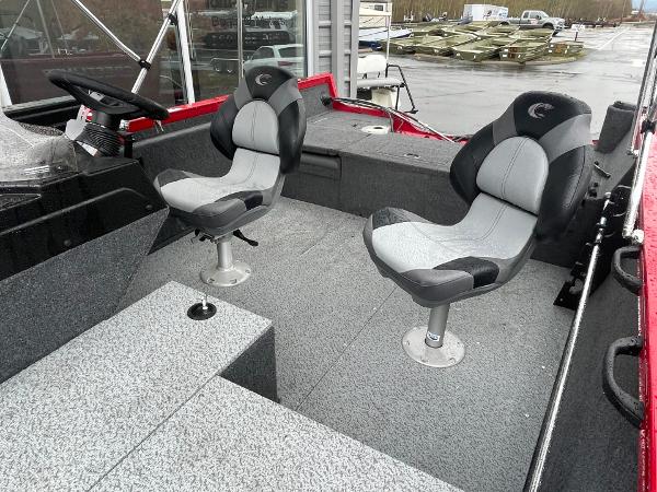 2021 Crestliner 1650 Fish Hawk SC interior with two swivel seats and steering console.