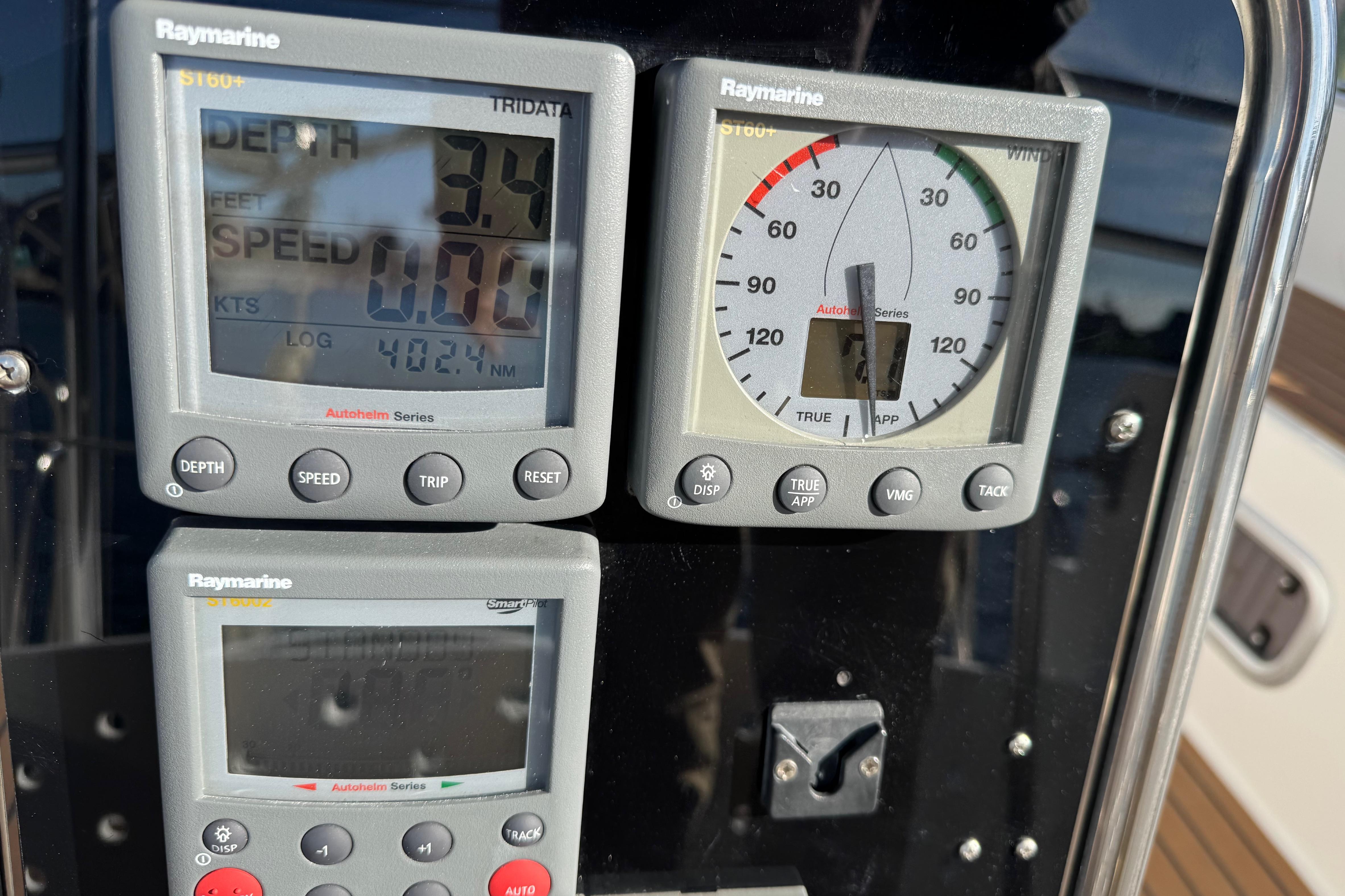 Raymarine navigation instruments on 2006 Shannon Shoalsailer, displaying depth and wind data.