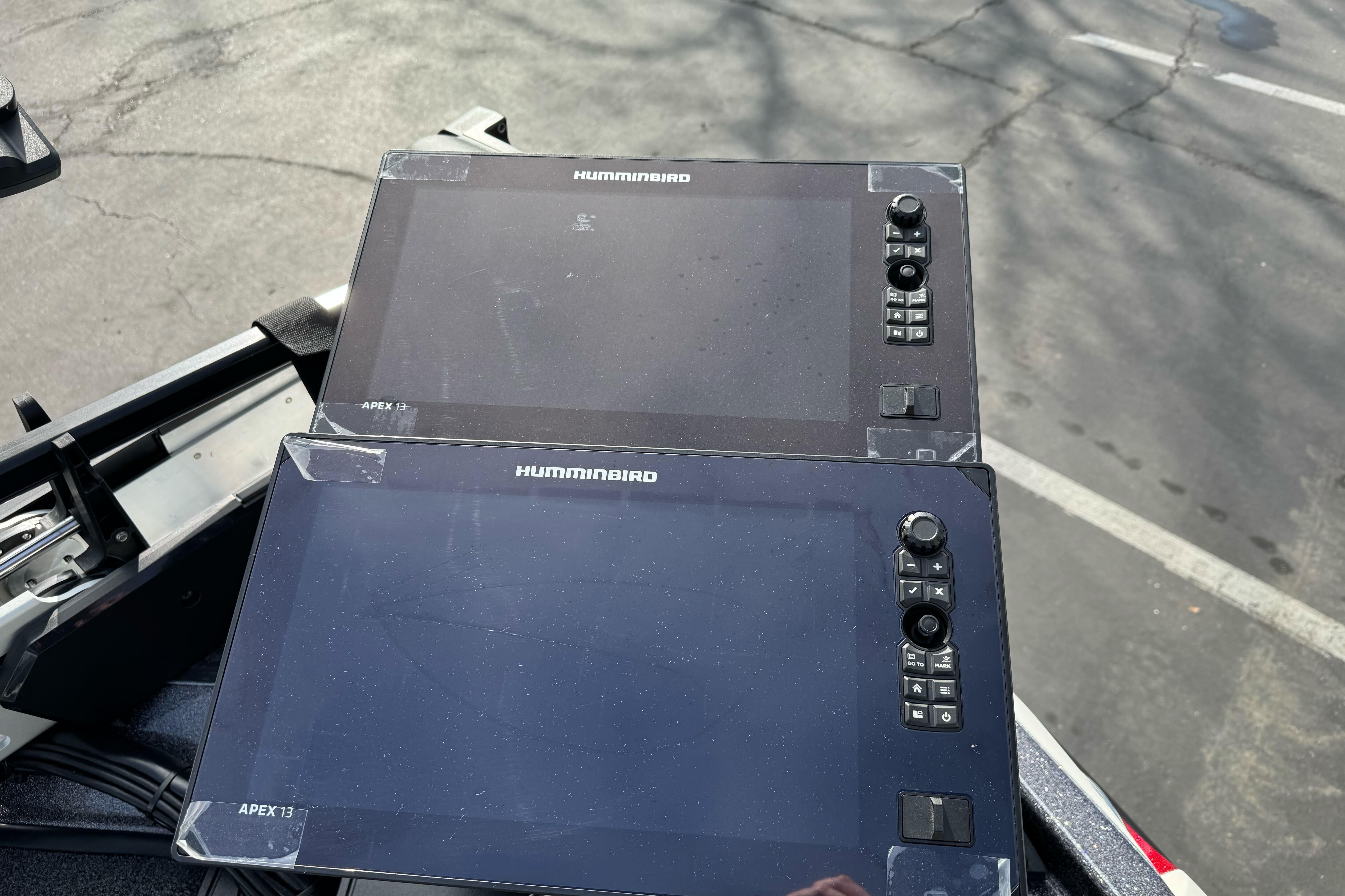 Dual Humminbird Apex 13 displays on a 2025 Ranger Z521 boat dashboard.