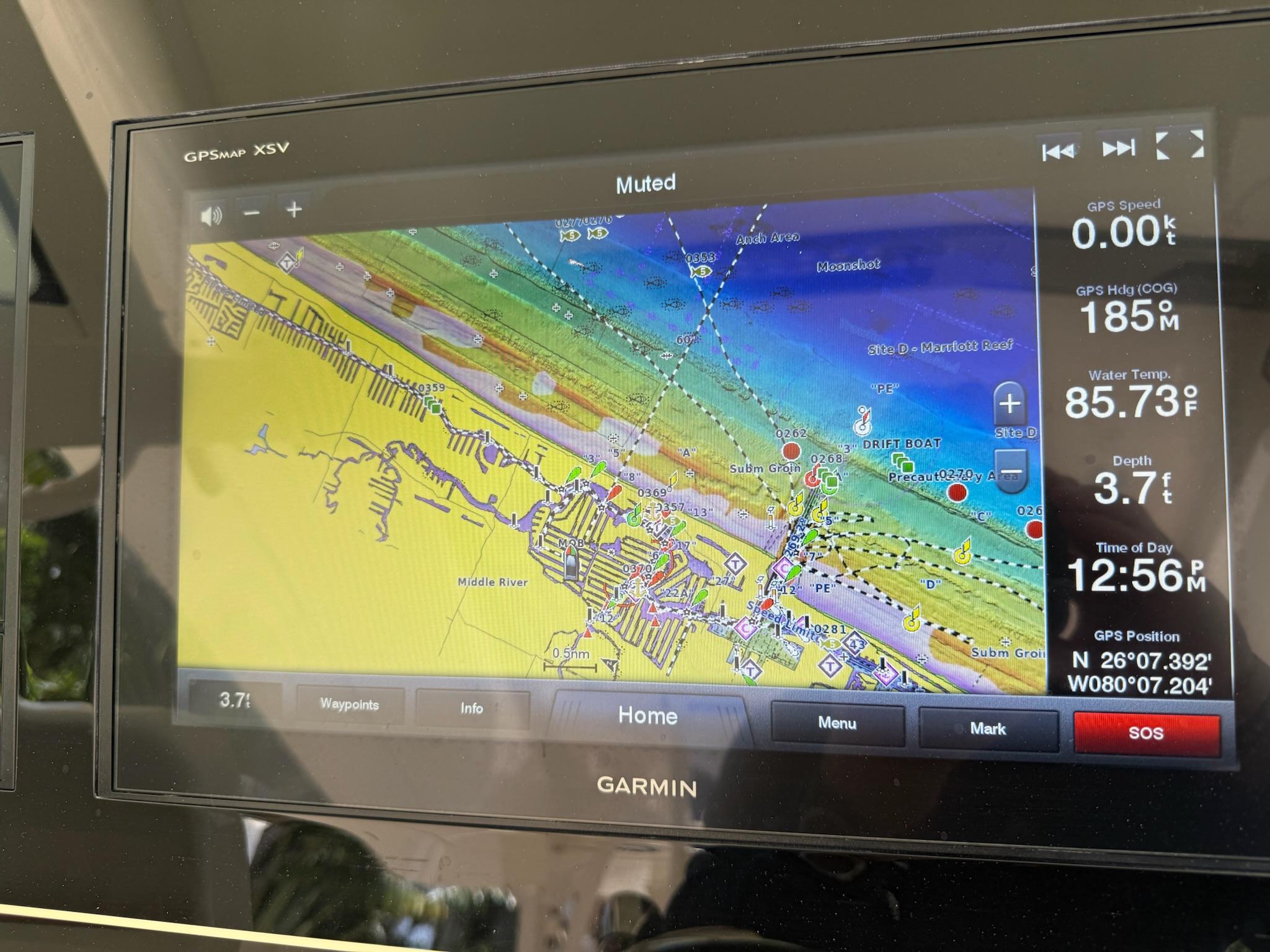 Garmin GPS display on 2019 Scout 420 LXF showing nautical map and navigation data.