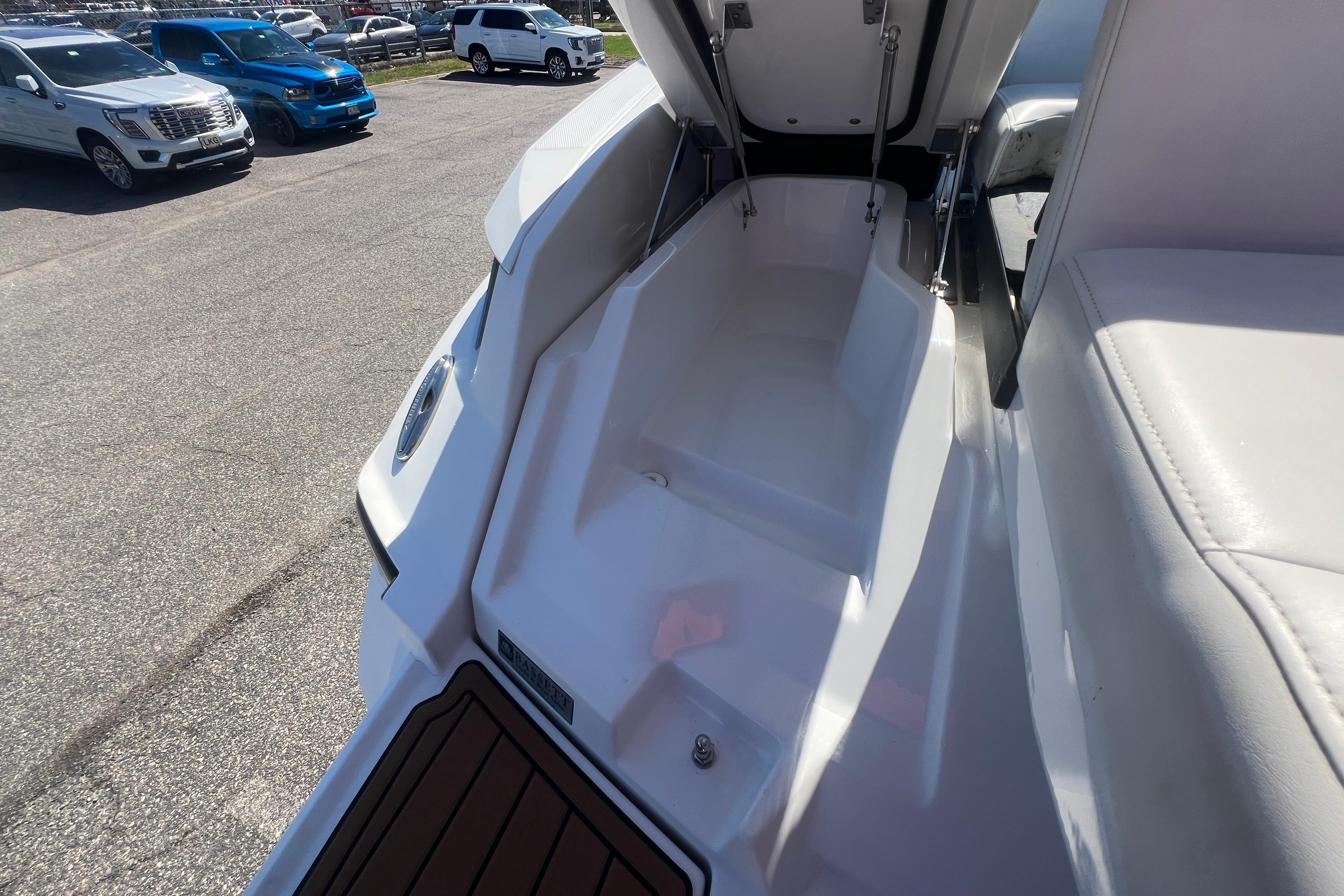 2017 Monterey 298SS Super Sport boat interior with open storage compartment.