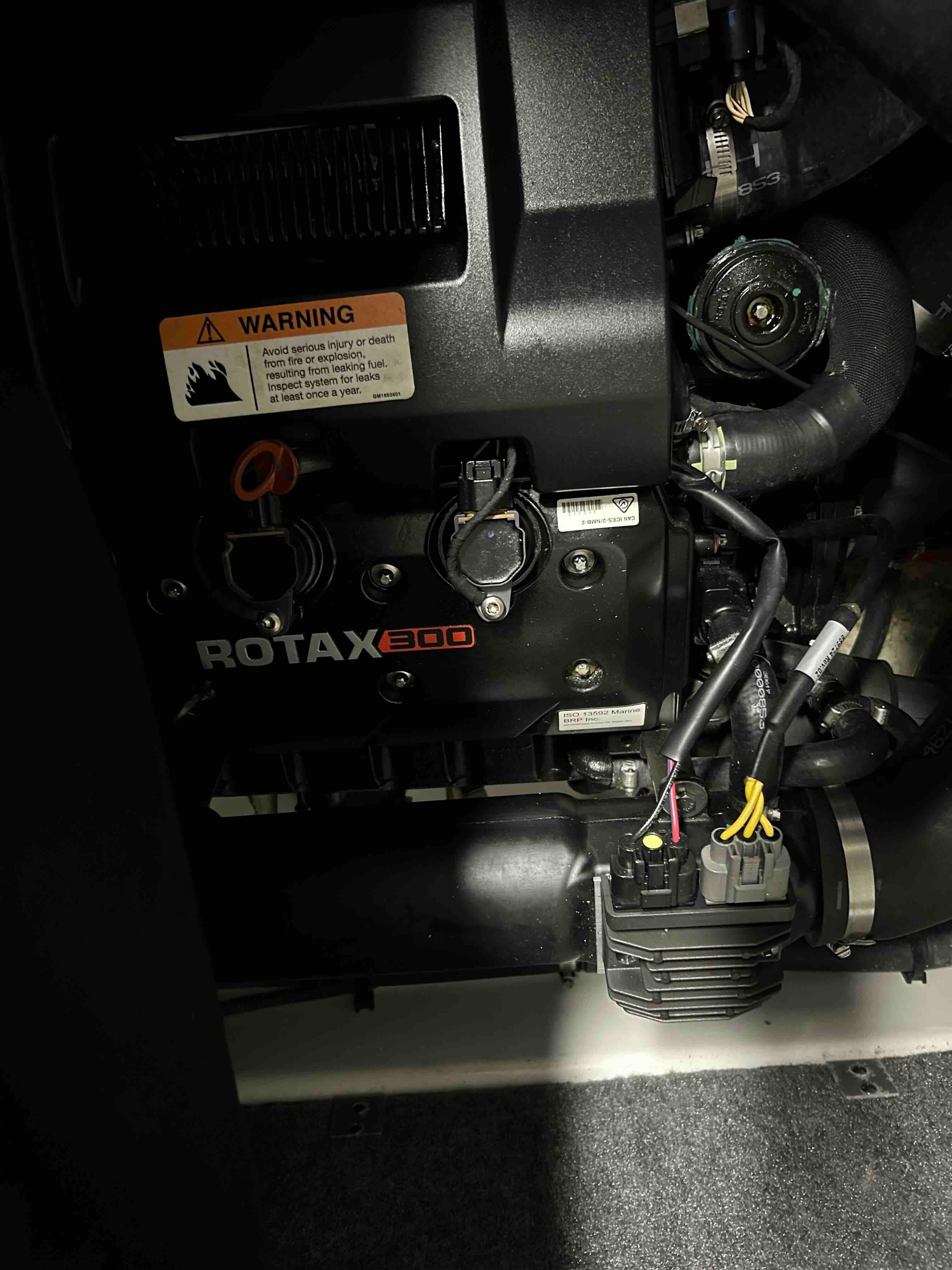Engine compartment of a Scarab 165 ID boat with a Rotax 300 engine.
