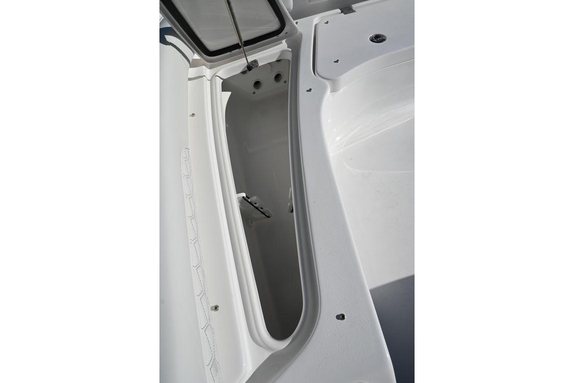 2026 Tidewater 2500 Carolina Bay boat storage compartment detail.