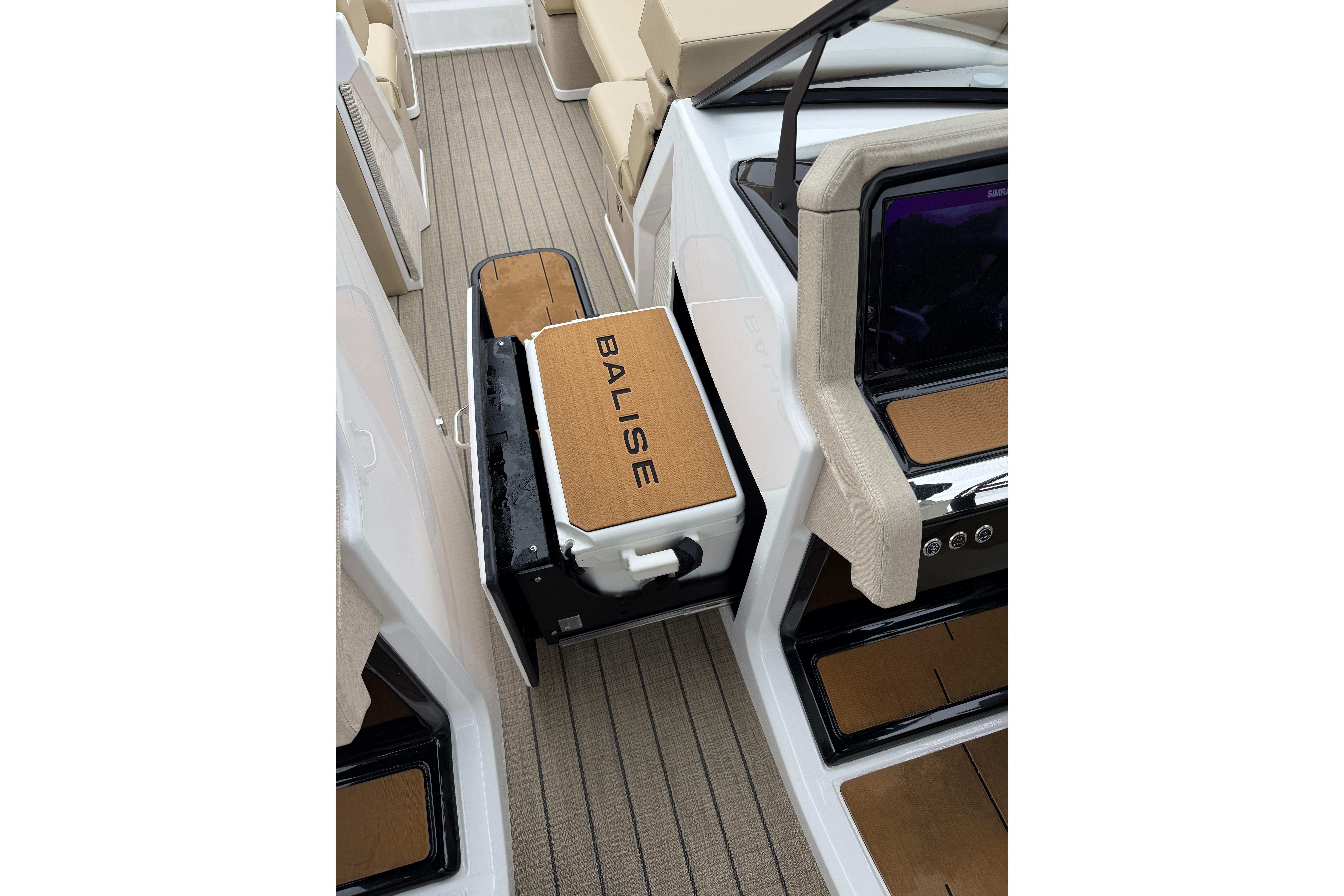 Interior of 2025 Balise Helix 26 L boat with sleek seating and modern design.
