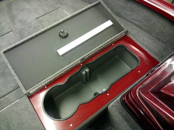 2025 Ranger VS1665 SC storage compartment with open lid, showcasing interior design.