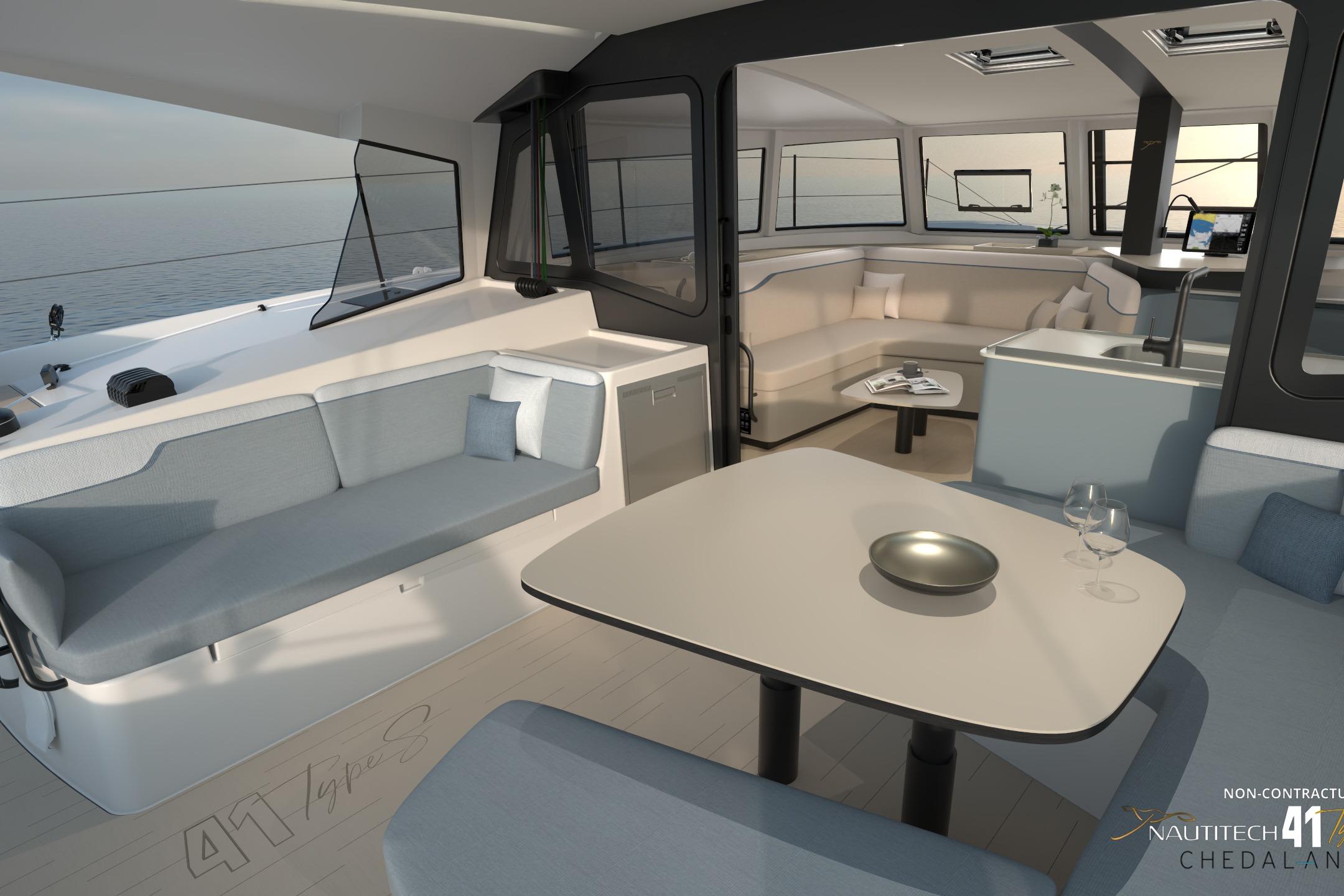 Interior of Nautitech 41 Type S yacht, model year 2026.
